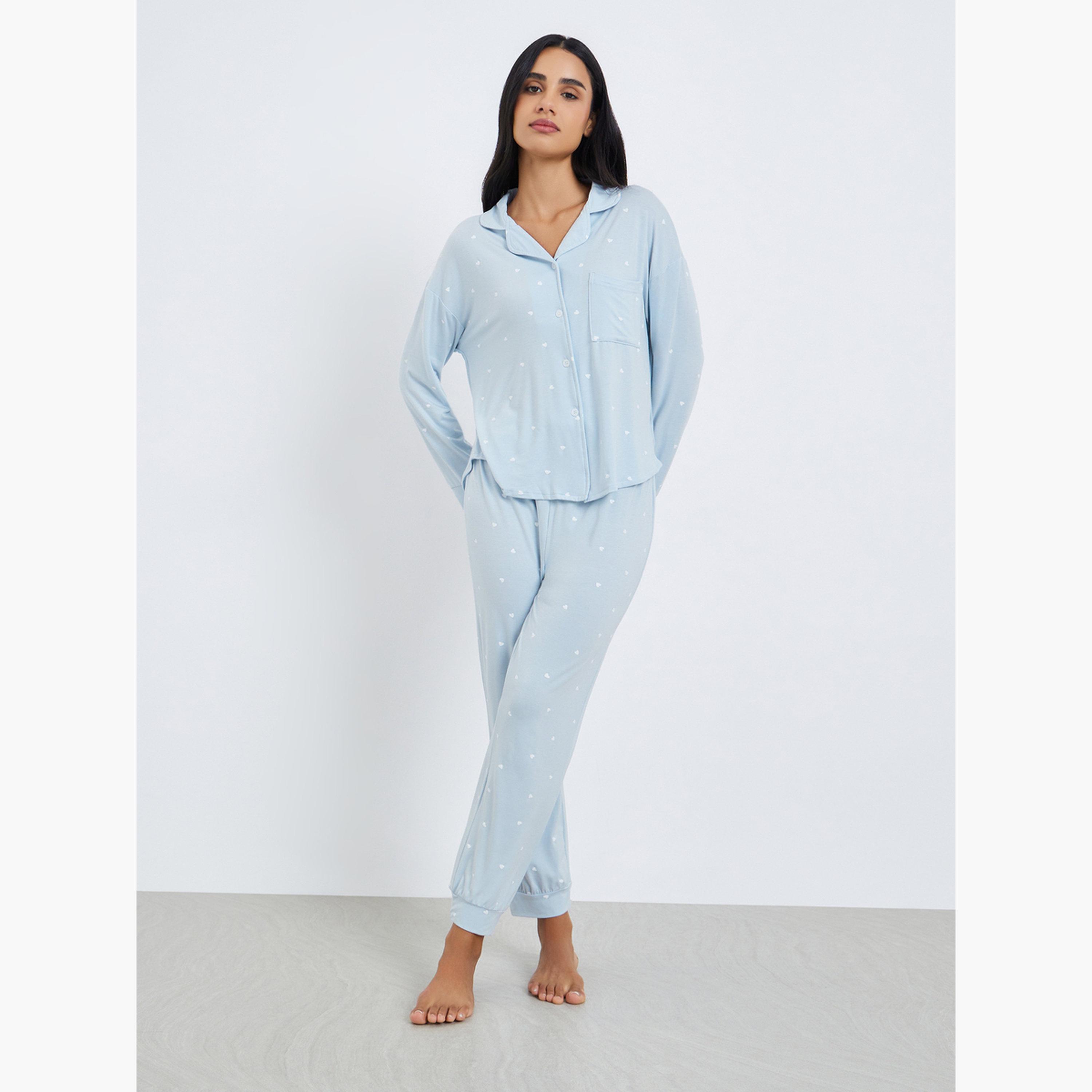 Styli Modal Heart Pocket Detail Shirt and Pyjama Set-women-clothing-nightwear-pyjamas-longsets-image-1
