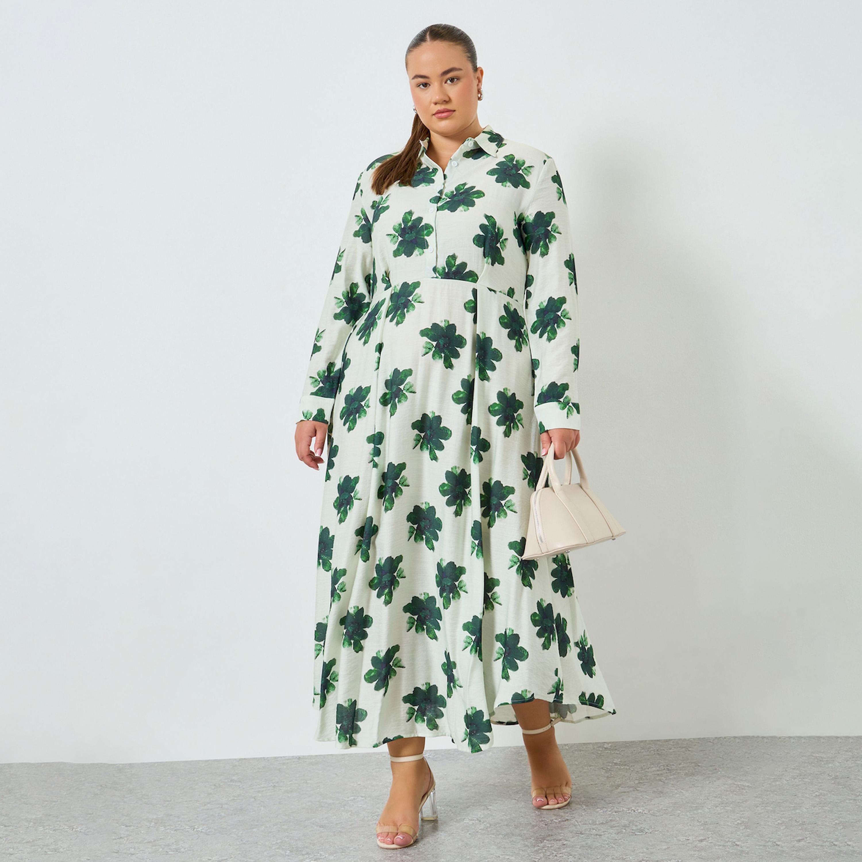 Styli Plus Size Green Floral Shirt Midi Dress-women-clothing-dresses-image-1
