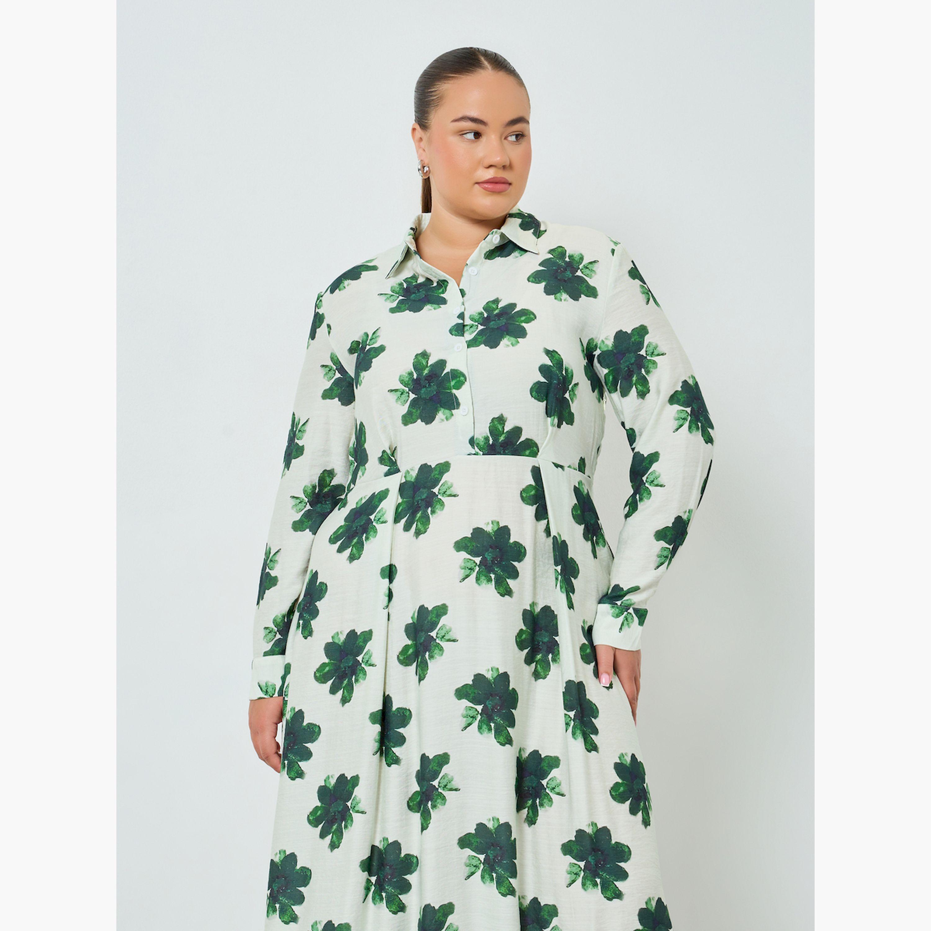 Styli Plus Size Green Floral Shirt Midi Dress-women-clothing-dresses-image-2