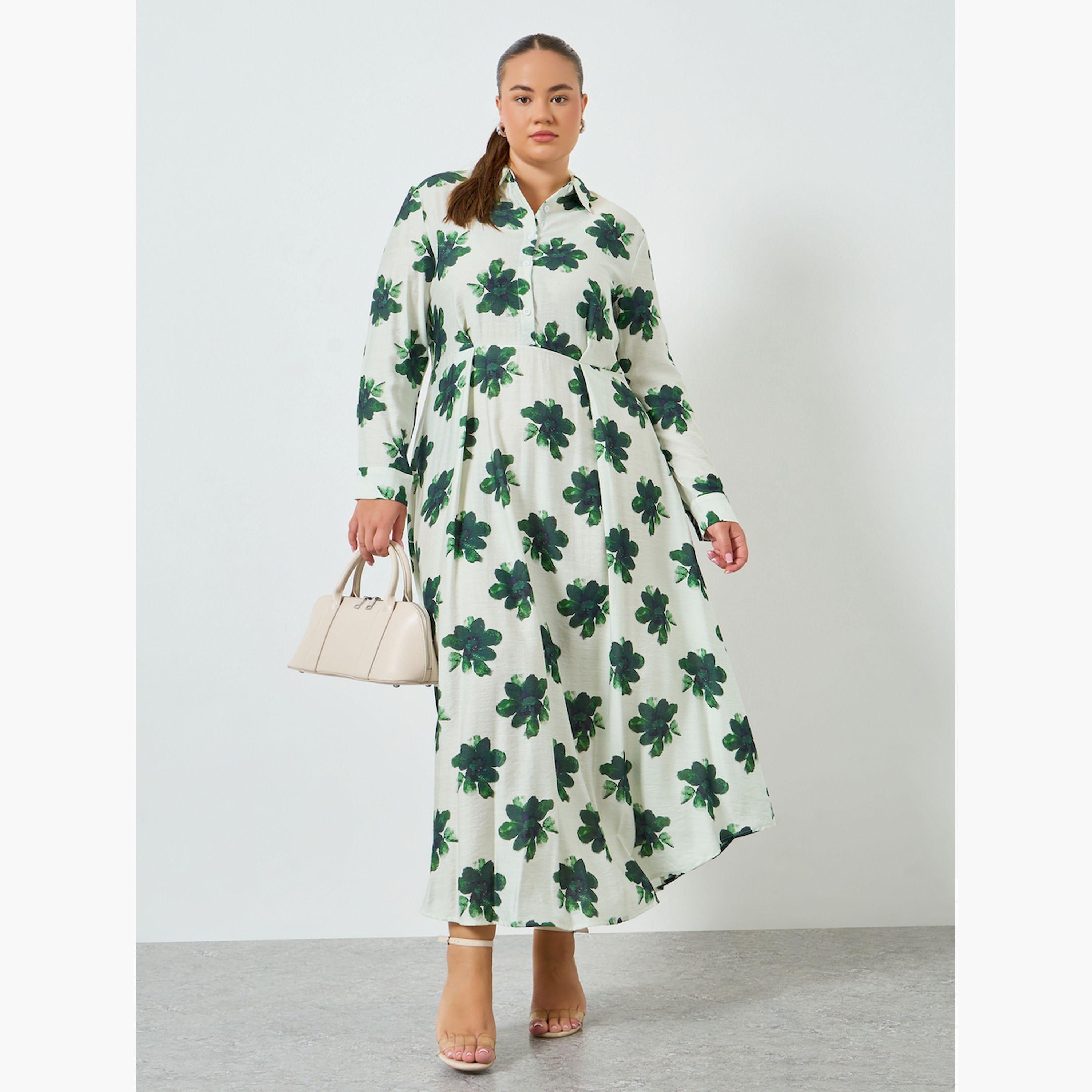 Styli Plus Size Green Floral Shirt Midi Dress-women-clothing-dresses-image-3