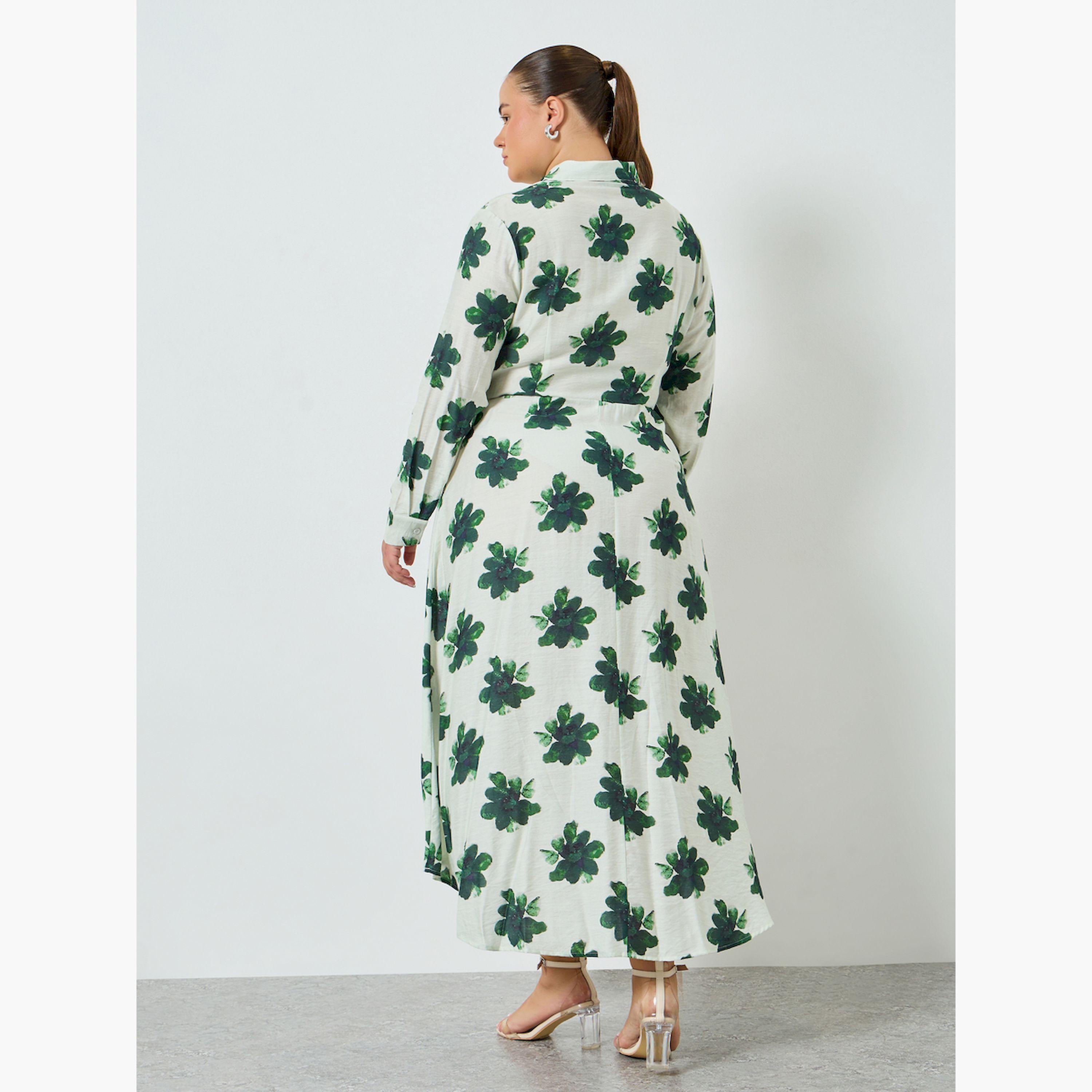 Styli Plus Size Green Floral Shirt Midi Dress-women-clothing-dresses-image-4