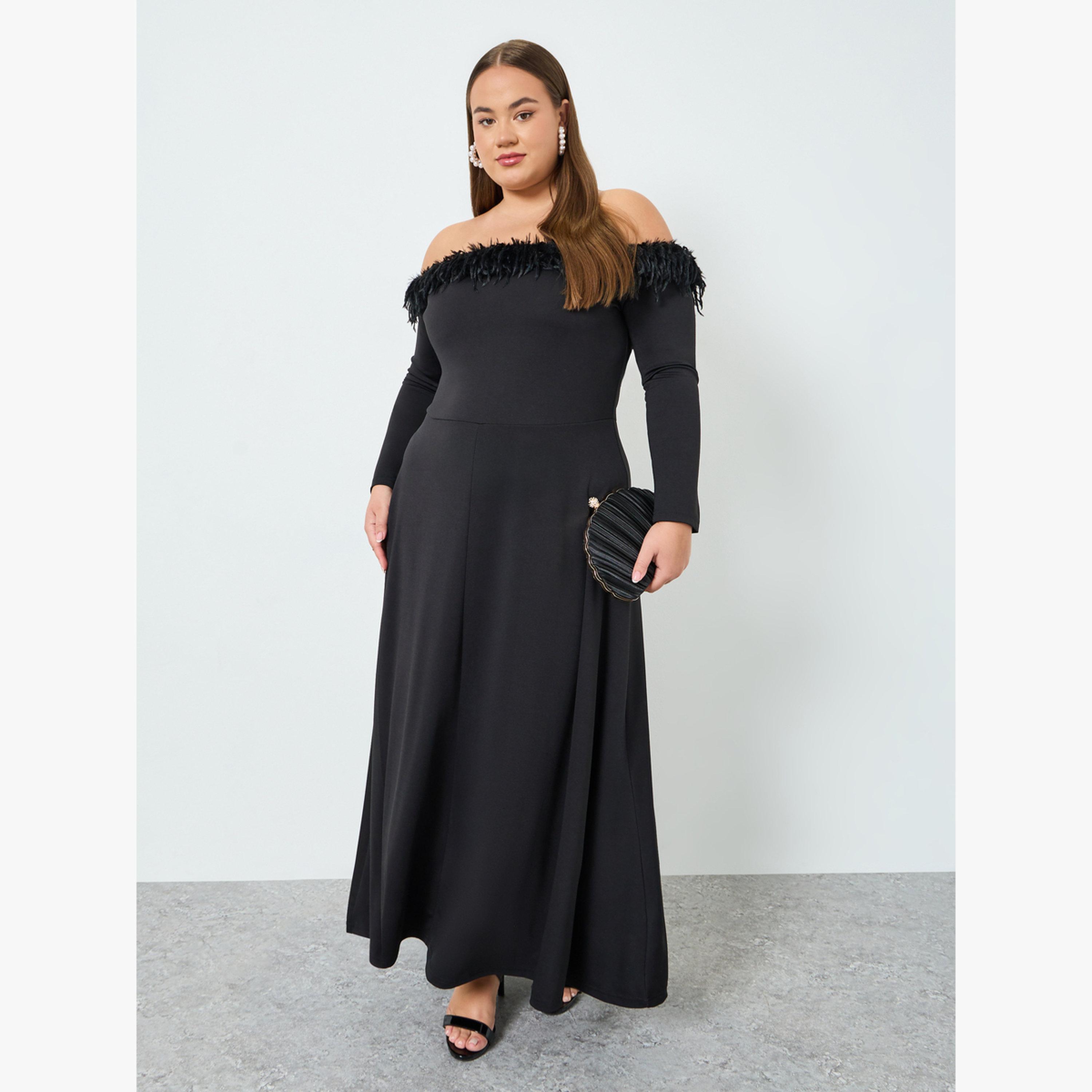 Styli Plus Size Black Off-Shoulder A-Line Maxi Dress-women-clothing-dresses-image-1