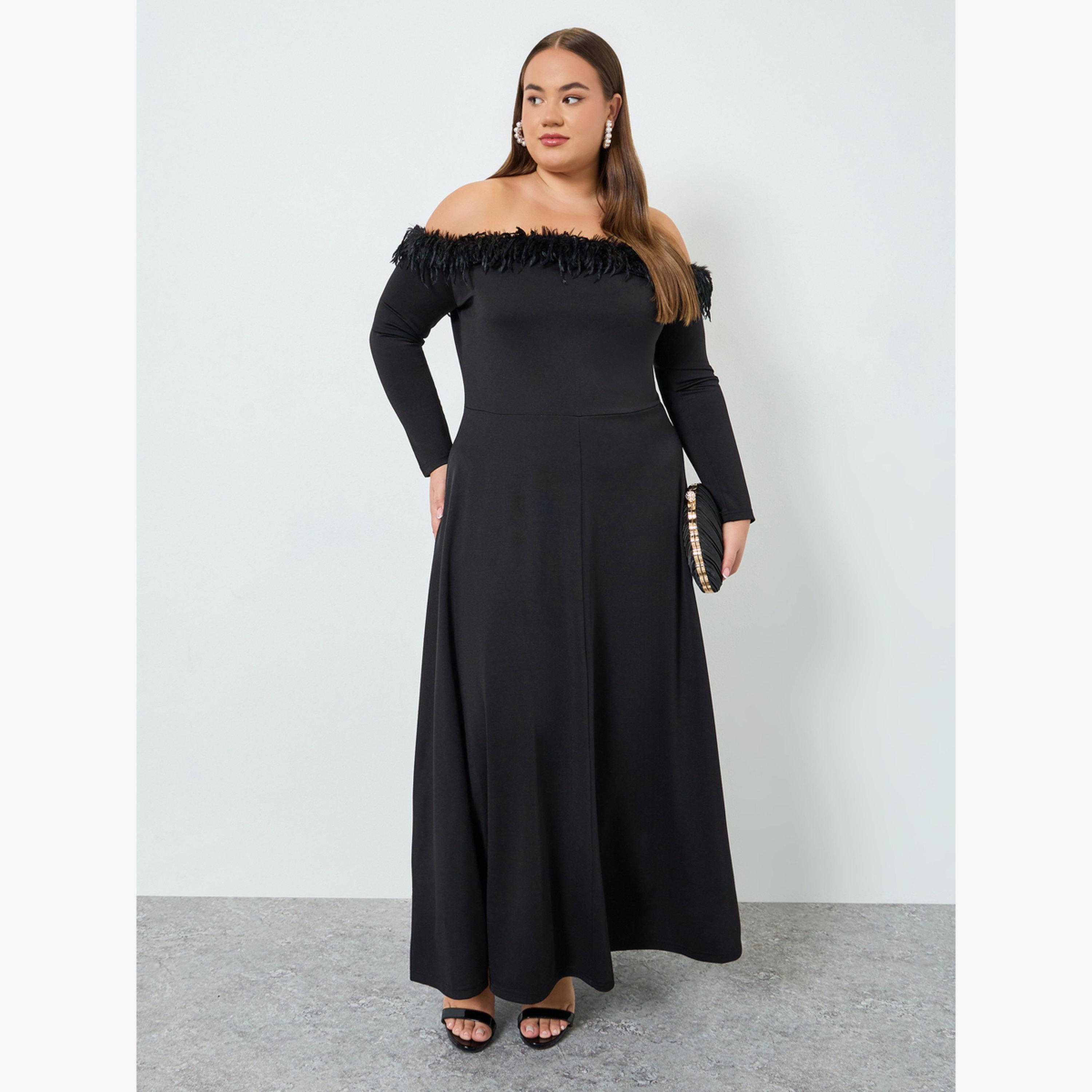 Styli Plus Size Black Off-Shoulder A-Line Maxi Dress-women-clothing-dresses-image-2