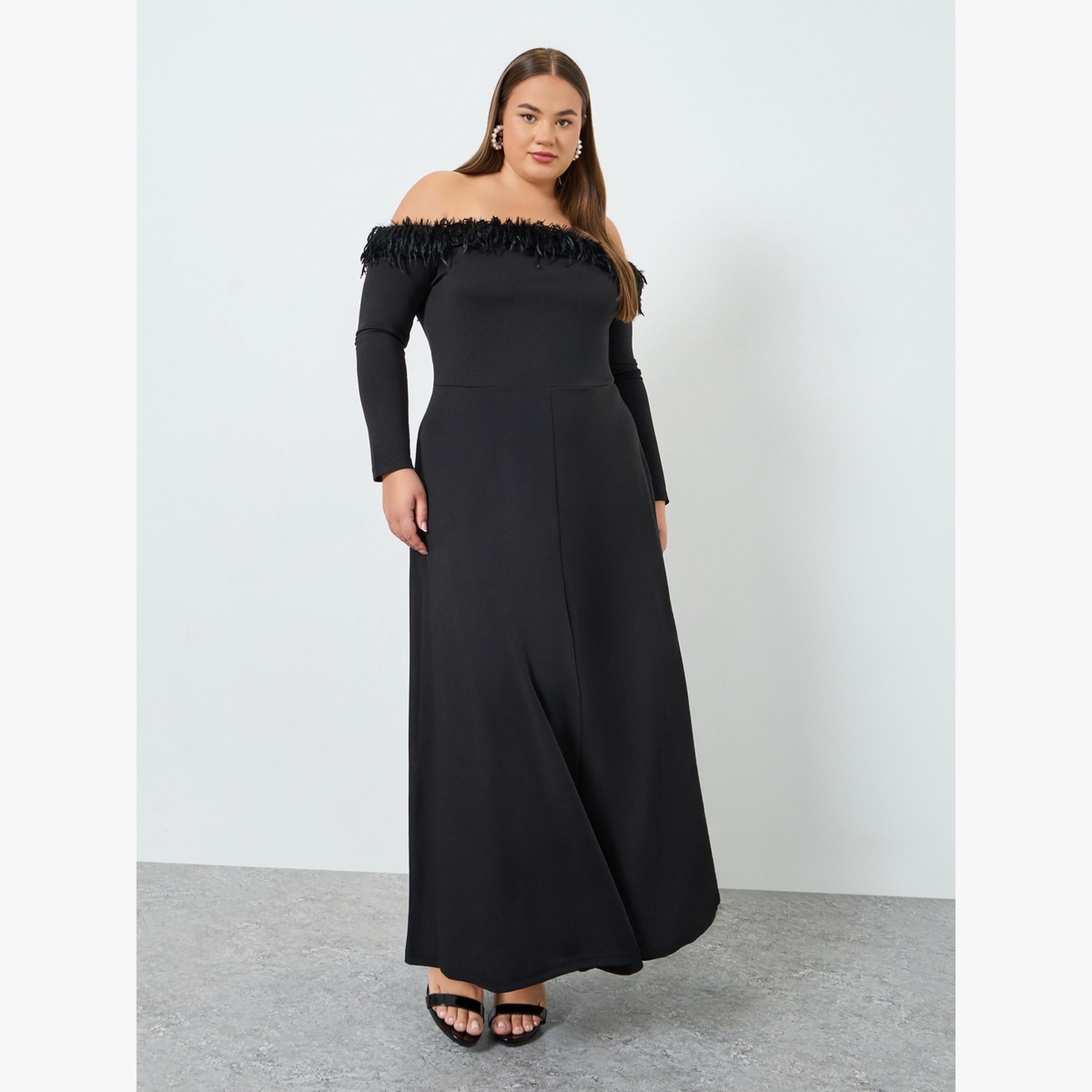 Styli Plus Size Black Off-Shoulder A-Line Maxi Dress-women-clothing-dresses-image-3