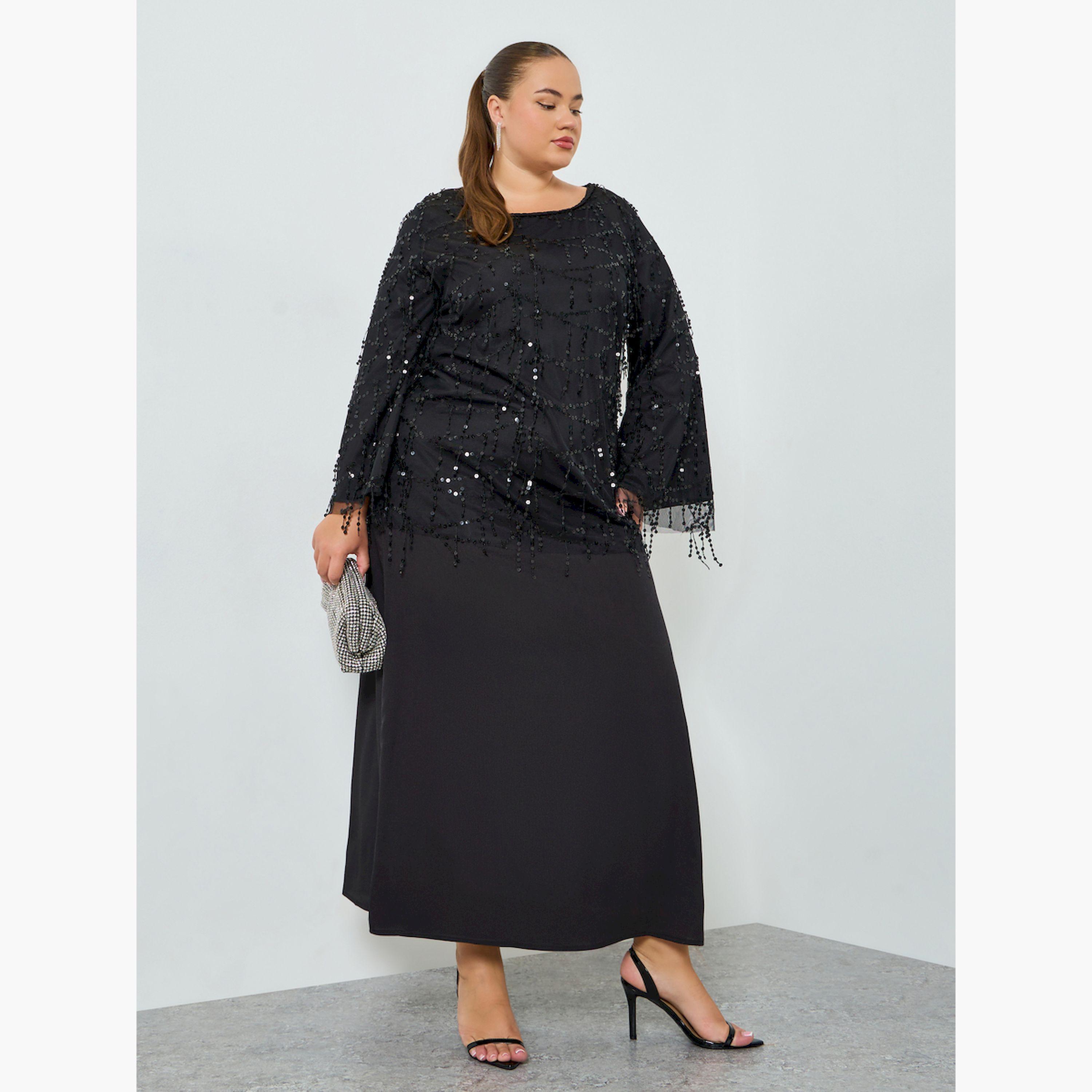 Styli Plus Size Black Sequin Long Sleeves A-Line Maxi Dress-women-clothing-dresses-image-1
