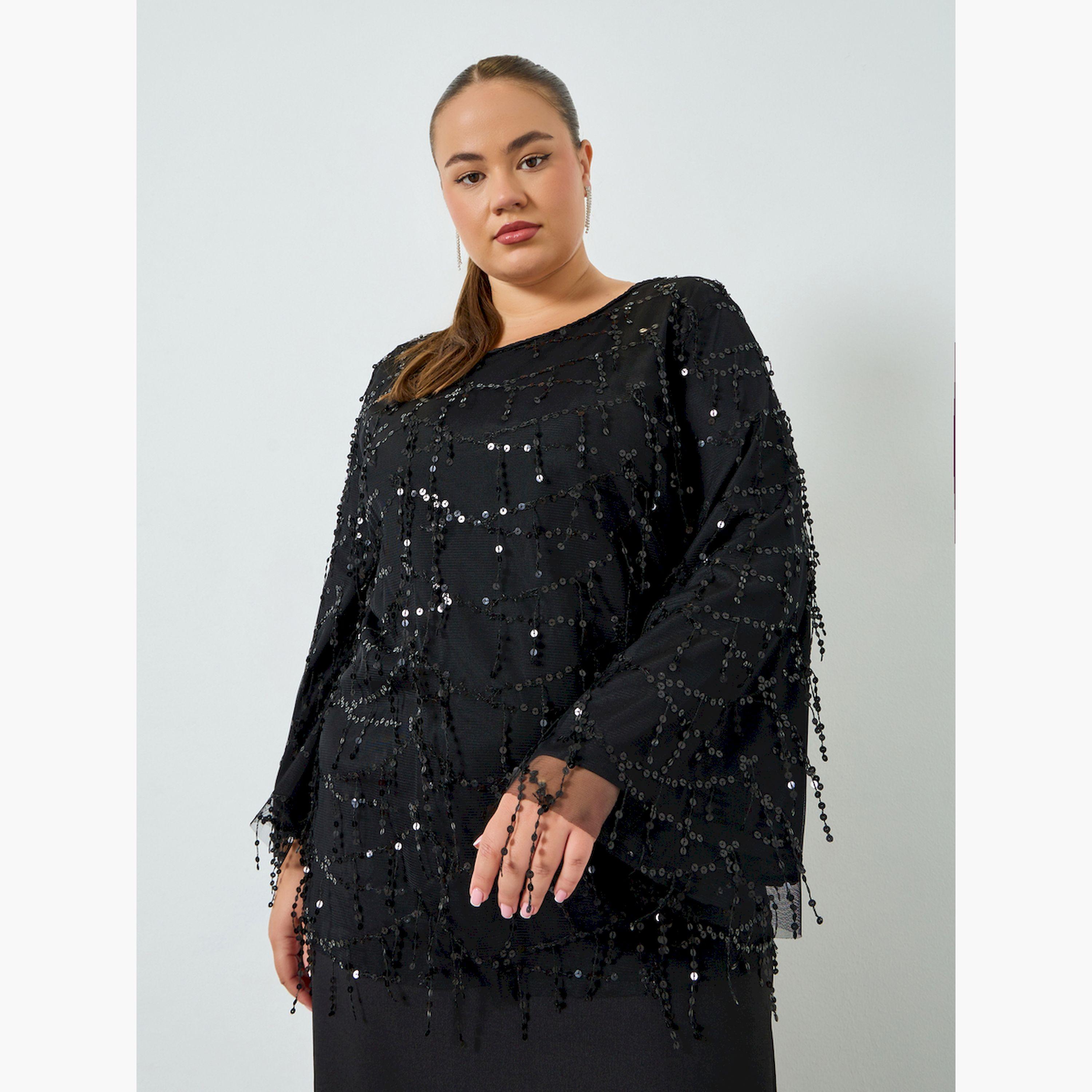 Styli Plus Size Black Sequin Long Sleeves A-Line Maxi Dress-women-clothing-dresses-image-2