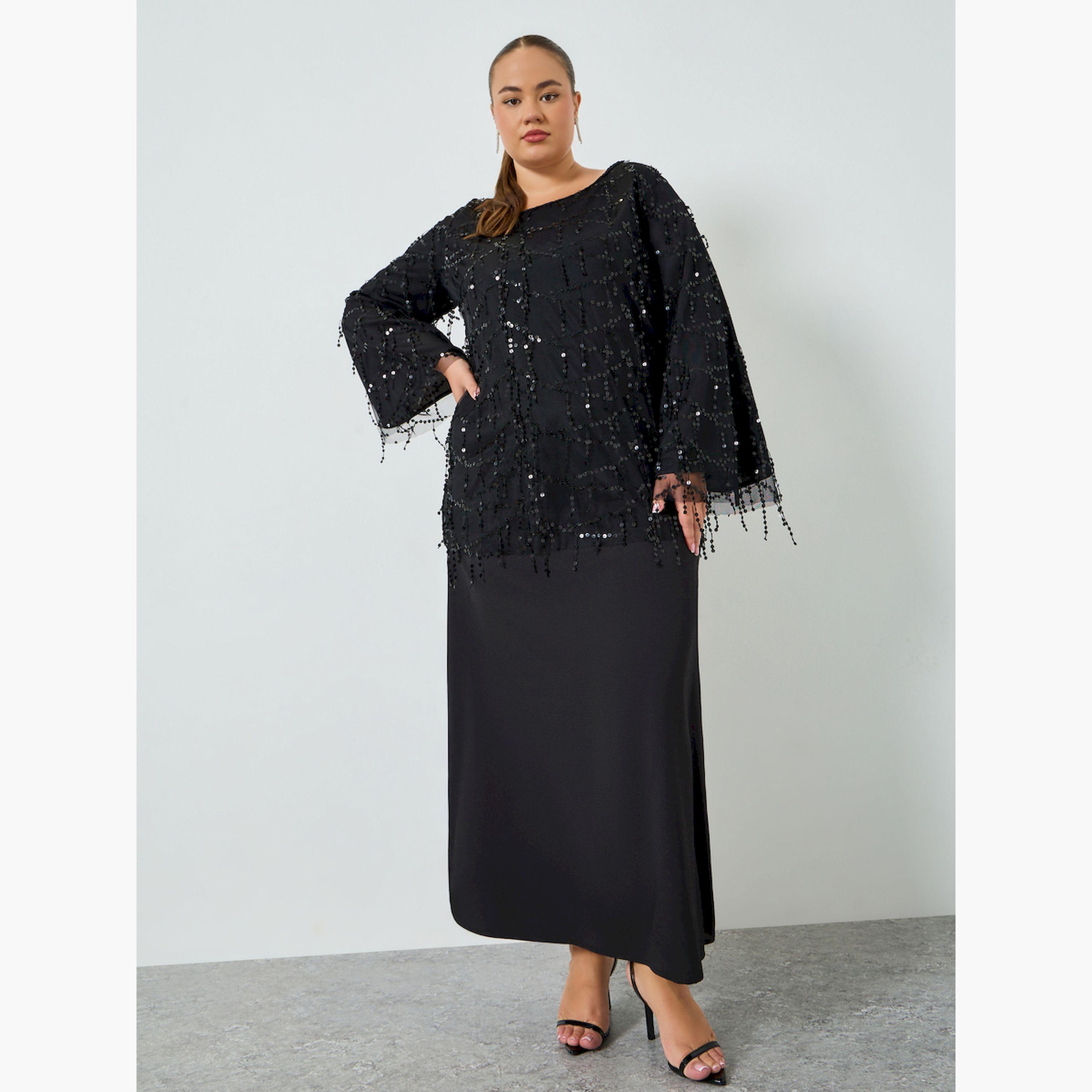 فستان طويل مقاس كبير بالترتر وأكمام طويلة وحافة واسعة-women-clothing-dresses-image-3