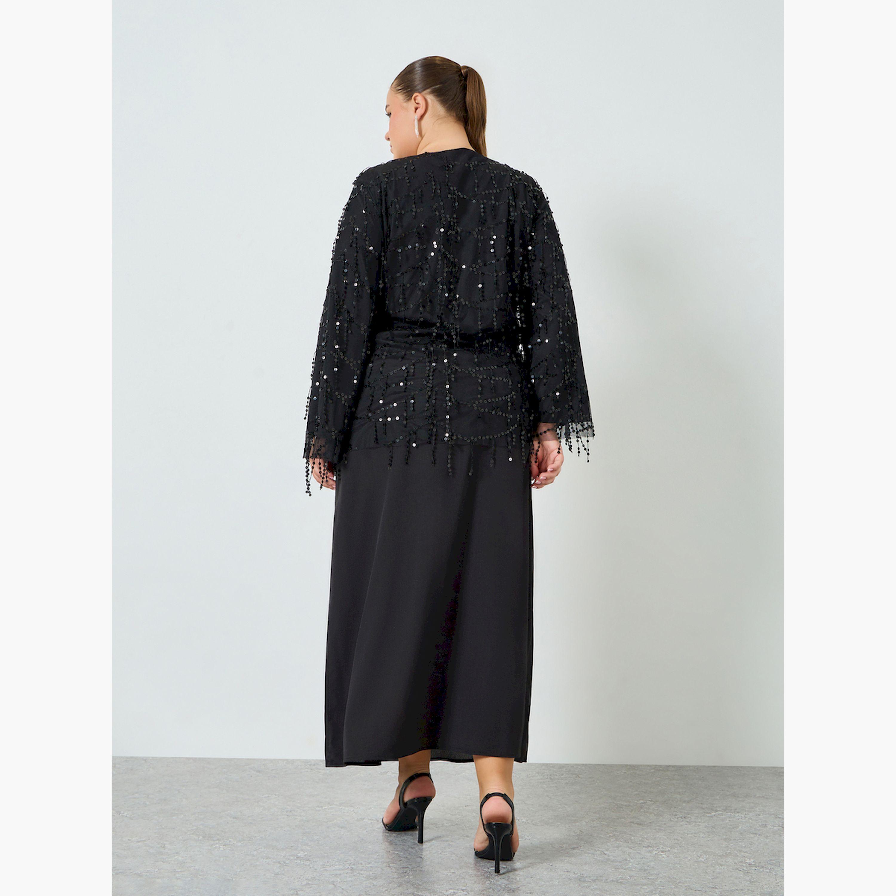 Styli Plus Size Black Sequin Long Sleeves A-Line Maxi Dress-women-clothing-dresses-image-4
