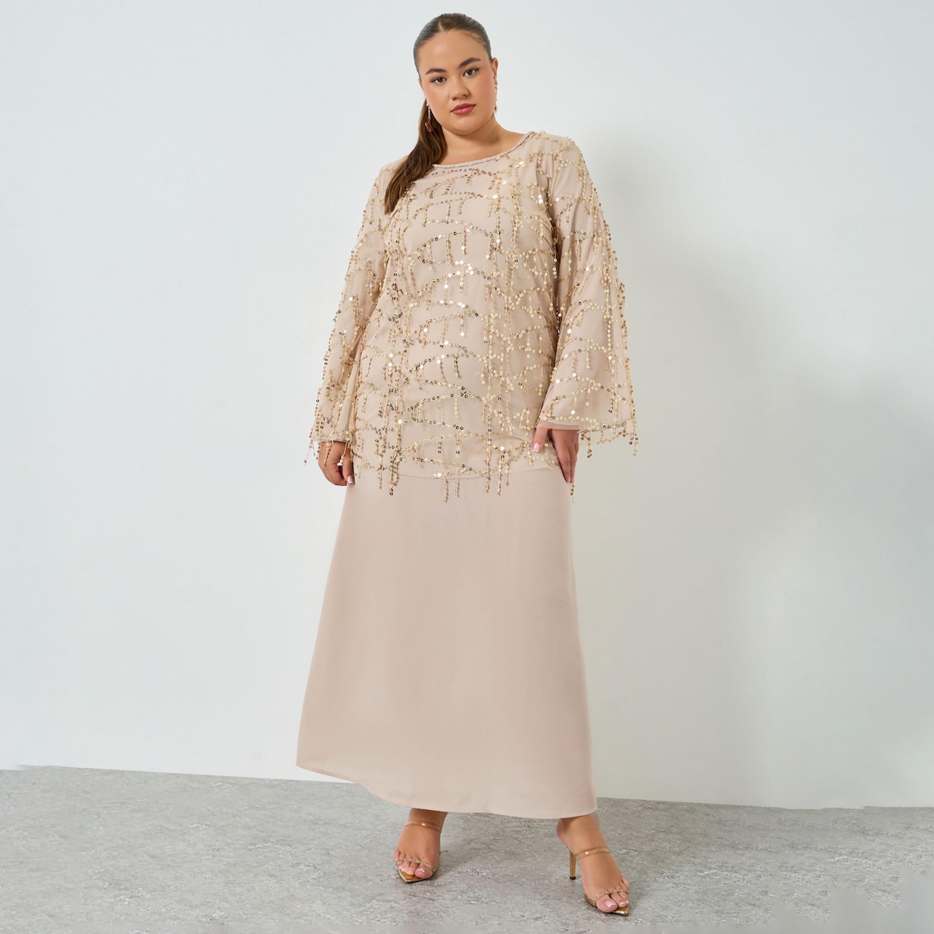 Styli Plus Size Beige Sequin Long Sleeves A-Line Maxi Dress-women-clothing-dresses-image-1