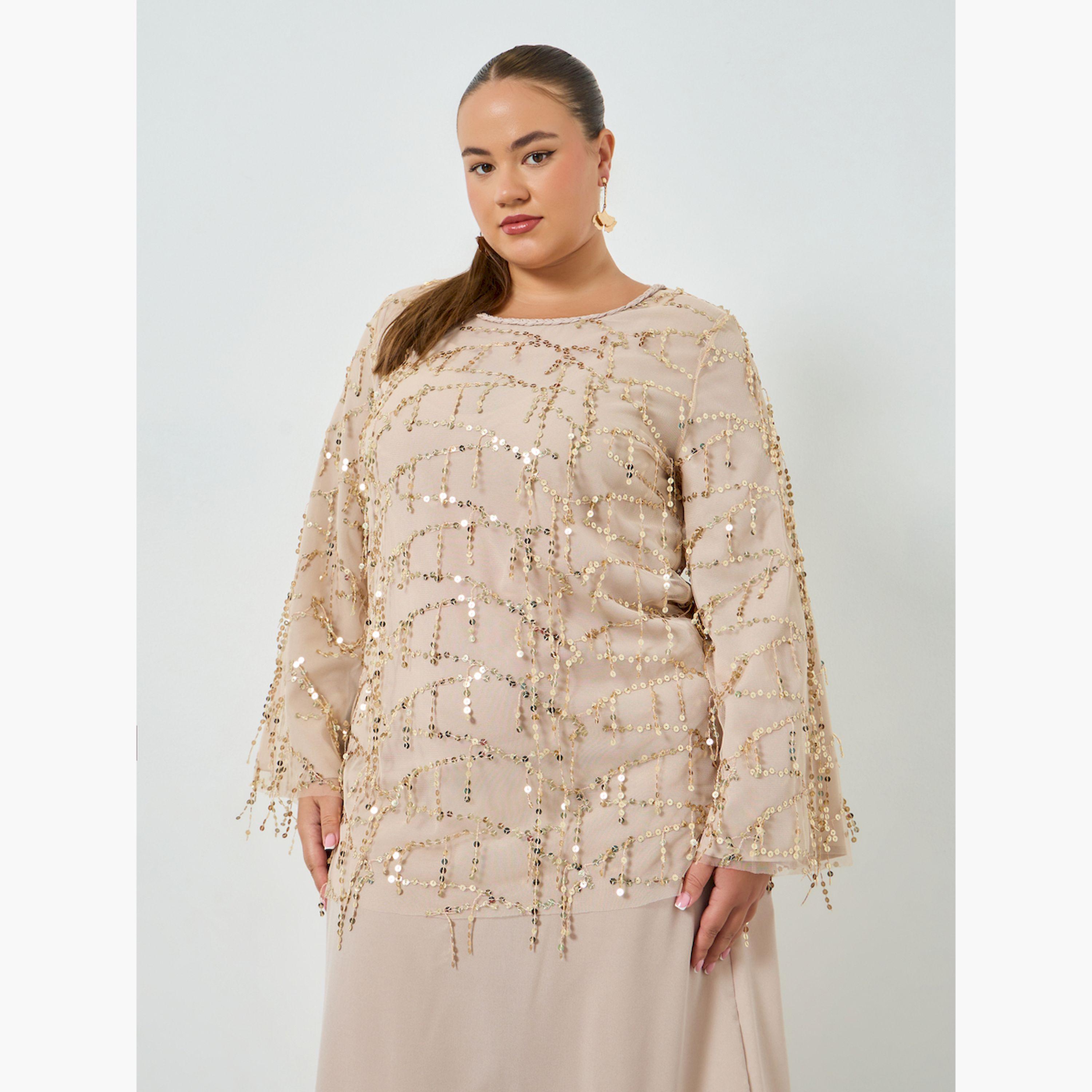 Styli Plus Size Beige Sequin Long Sleeves A-Line Maxi Dress-women-clothing-dresses-image-2