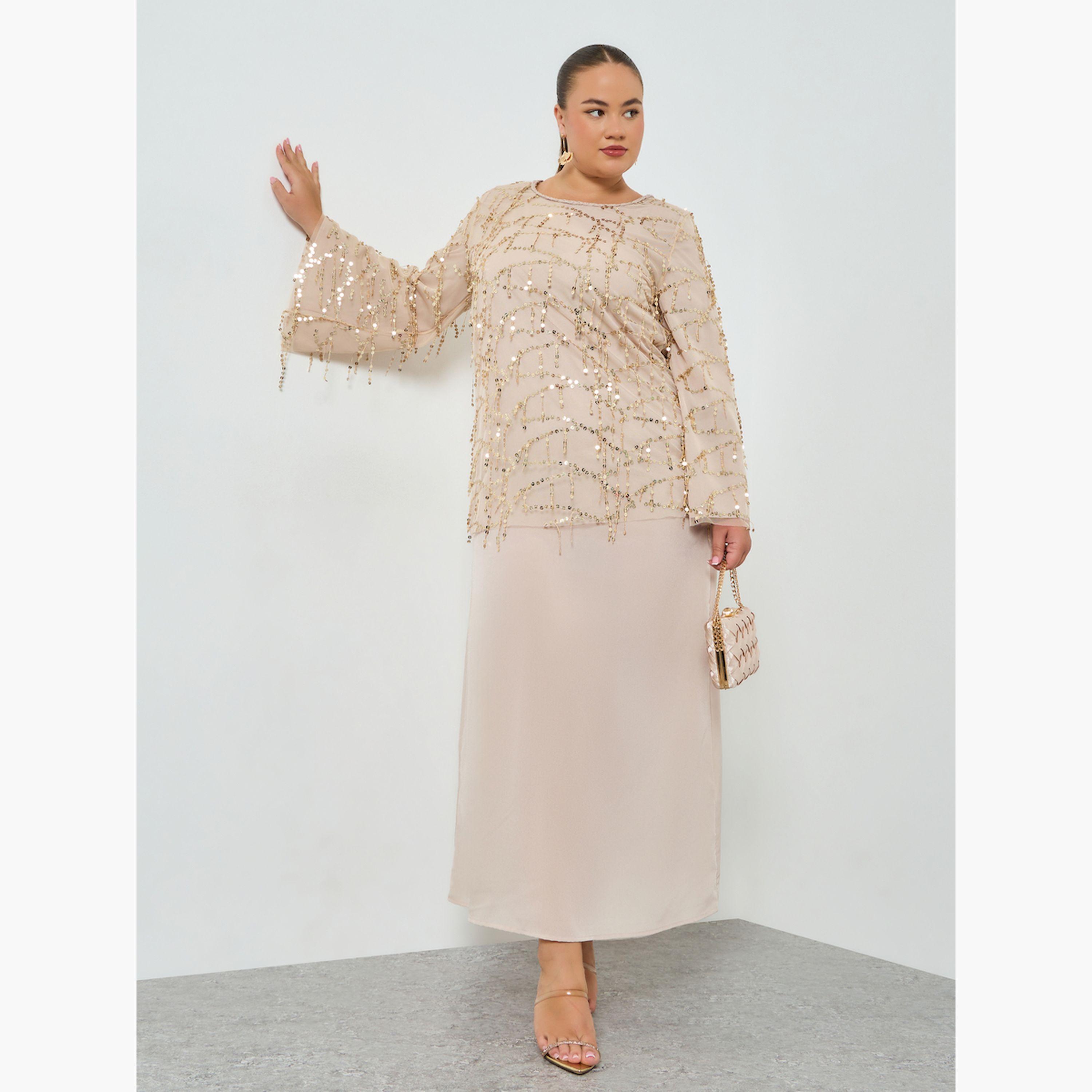 Styli Plus Size Beige Sequin Long Sleeves A-Line Maxi Dress-women-clothing-dresses-image-3