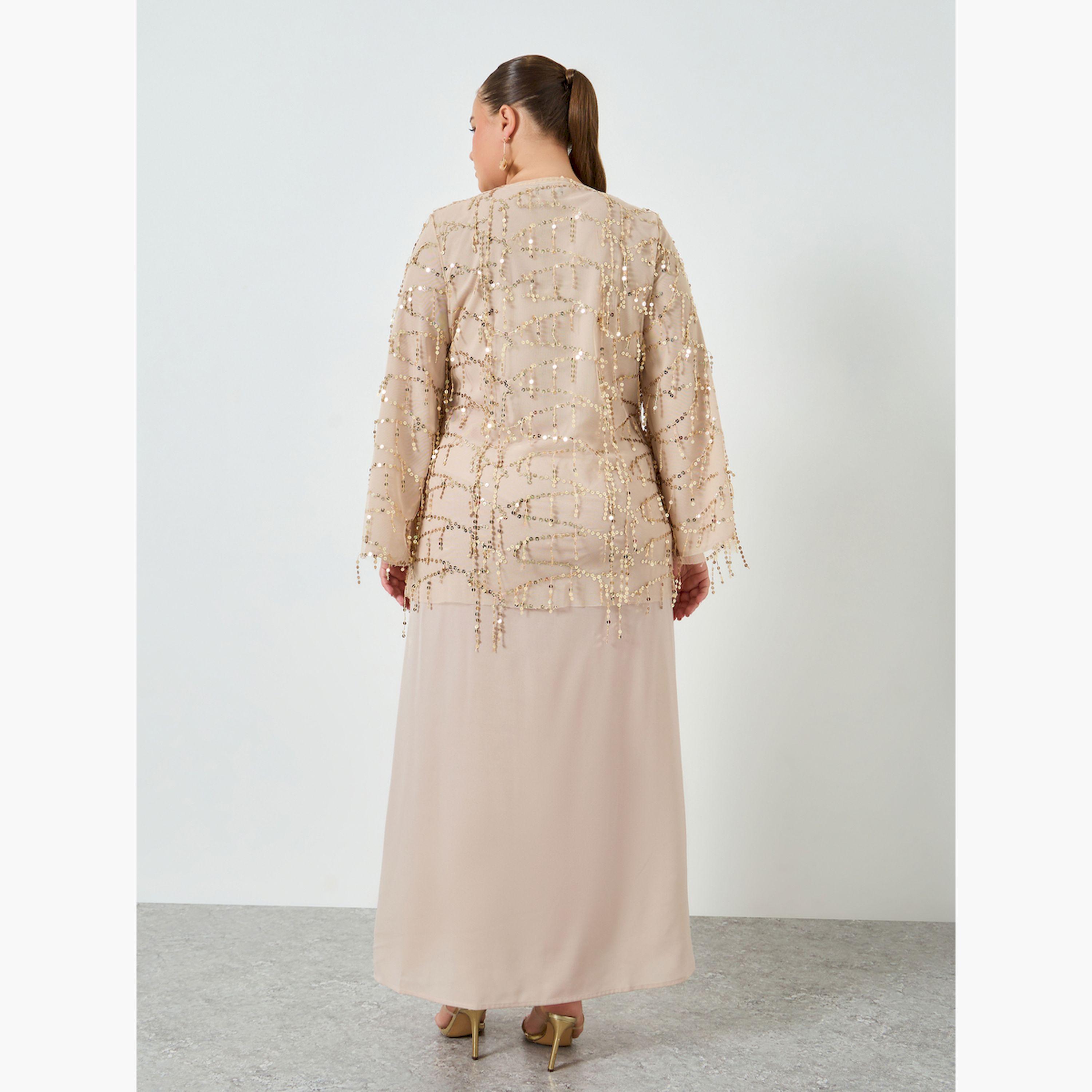 فستان طويل مقاس كبير بالترتر وأكمام طويلة وحافة واسعة-women-clothing-dresses-image-4