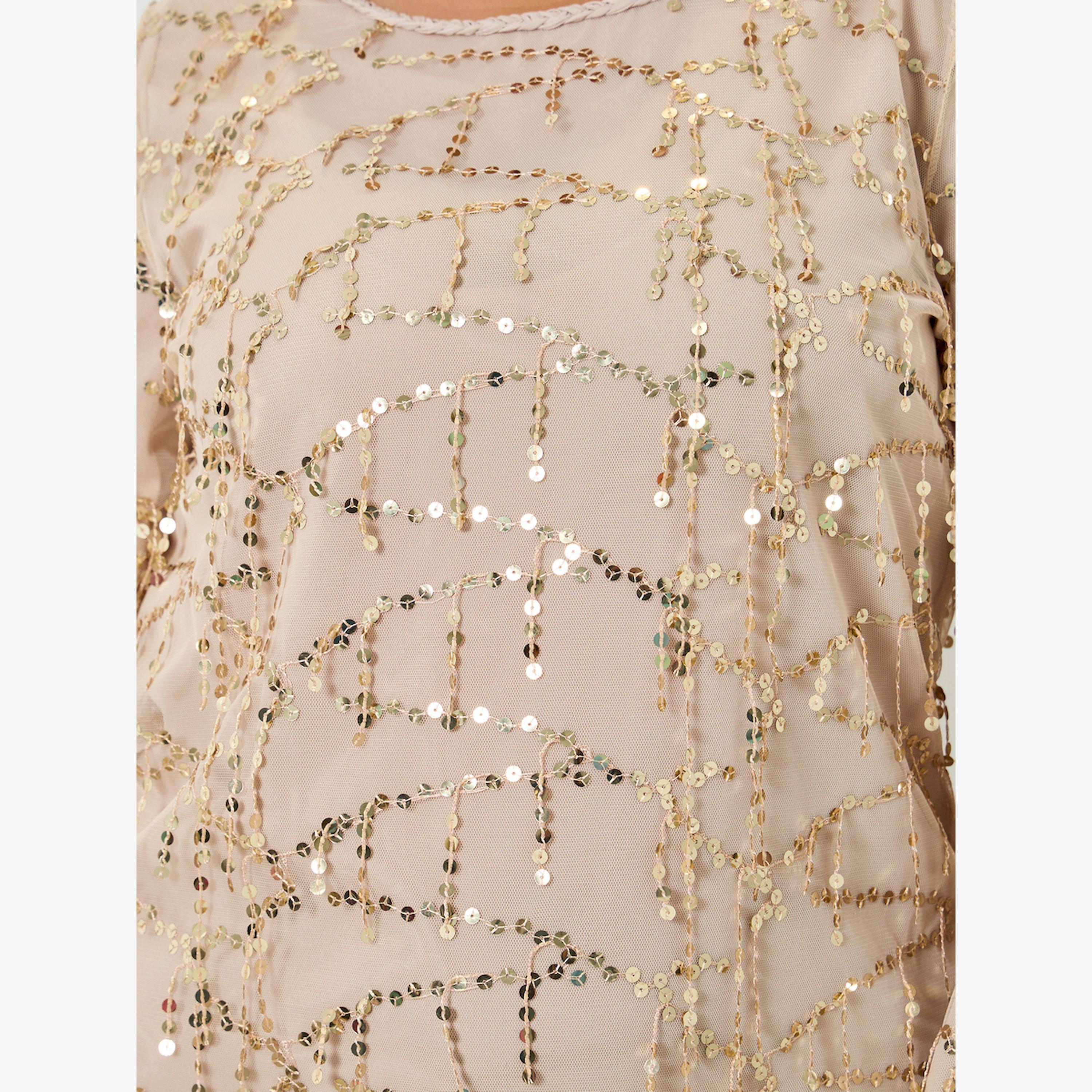 Styli Plus Size Beige Sequin Long Sleeves A-Line Maxi Dress-women-clothing-dresses-image-5