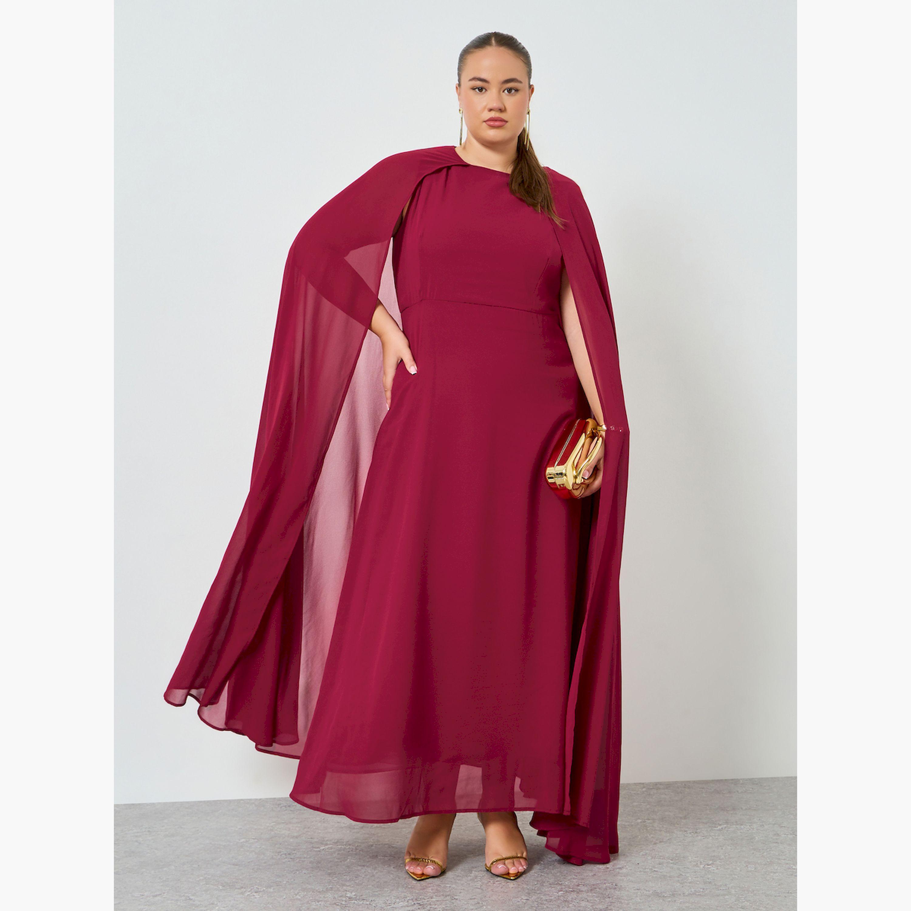 Styli Plus Size Burgundy Cape Sleeve Maxi Dress-women-clothing-dresses-image-1