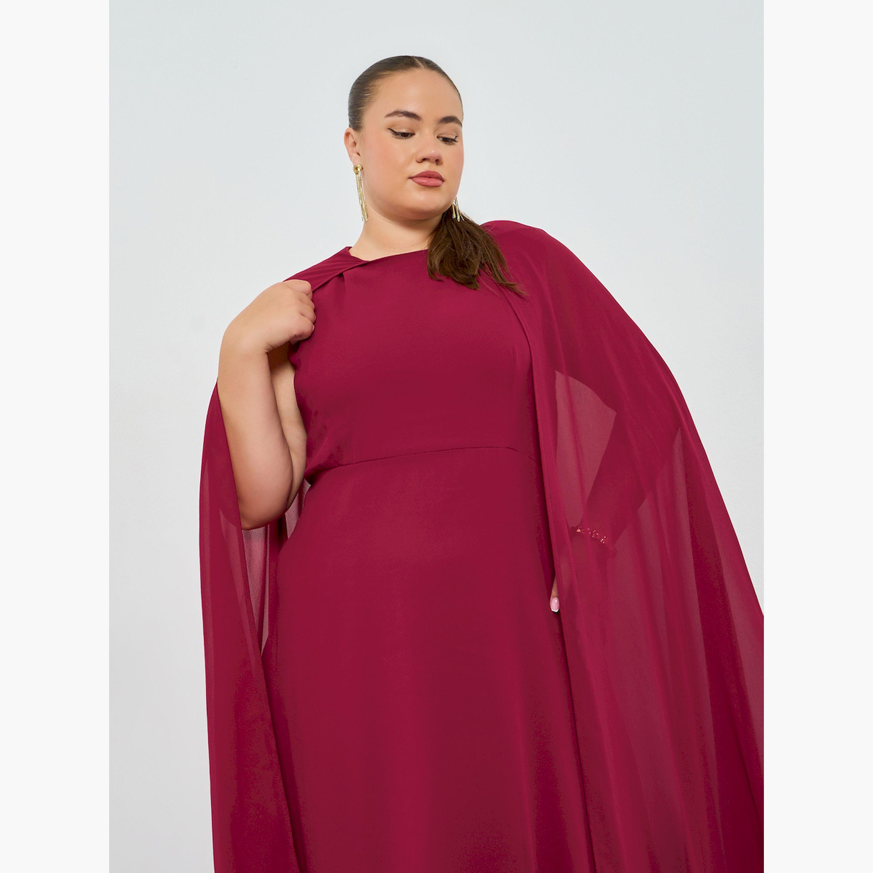 Styli Plus Size Burgundy Cape Sleeve Maxi Dress-women-clothing-dresses-image-2