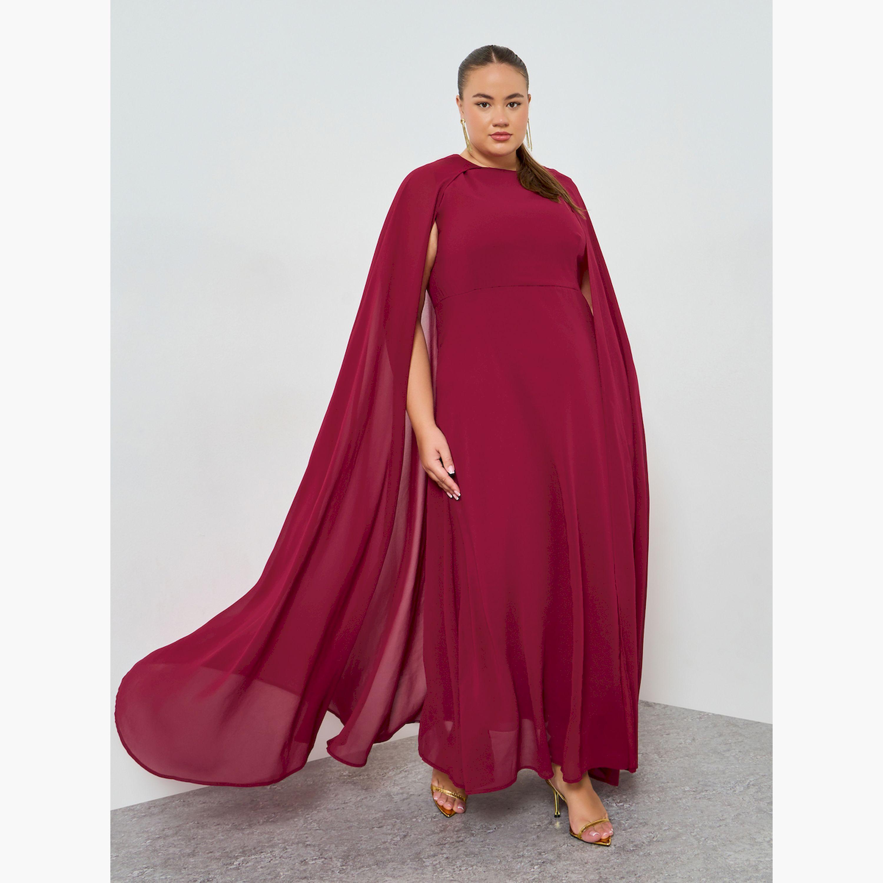 Styli Plus Size Burgundy Cape Sleeve Maxi Dress-women-clothing-dresses-image-3