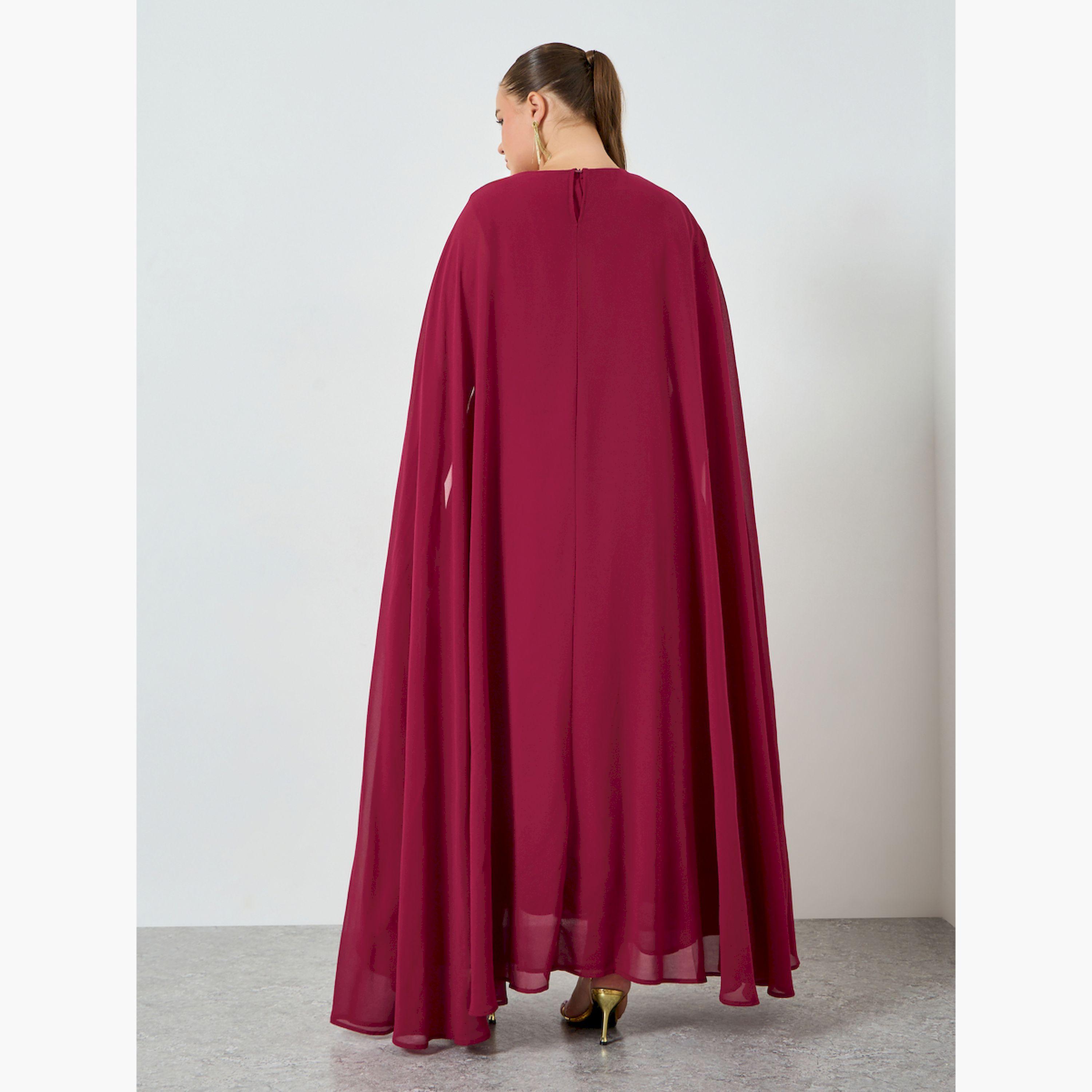 Styli Plus Size Burgundy Cape Sleeve Maxi Dress-women-clothing-dresses-image-4