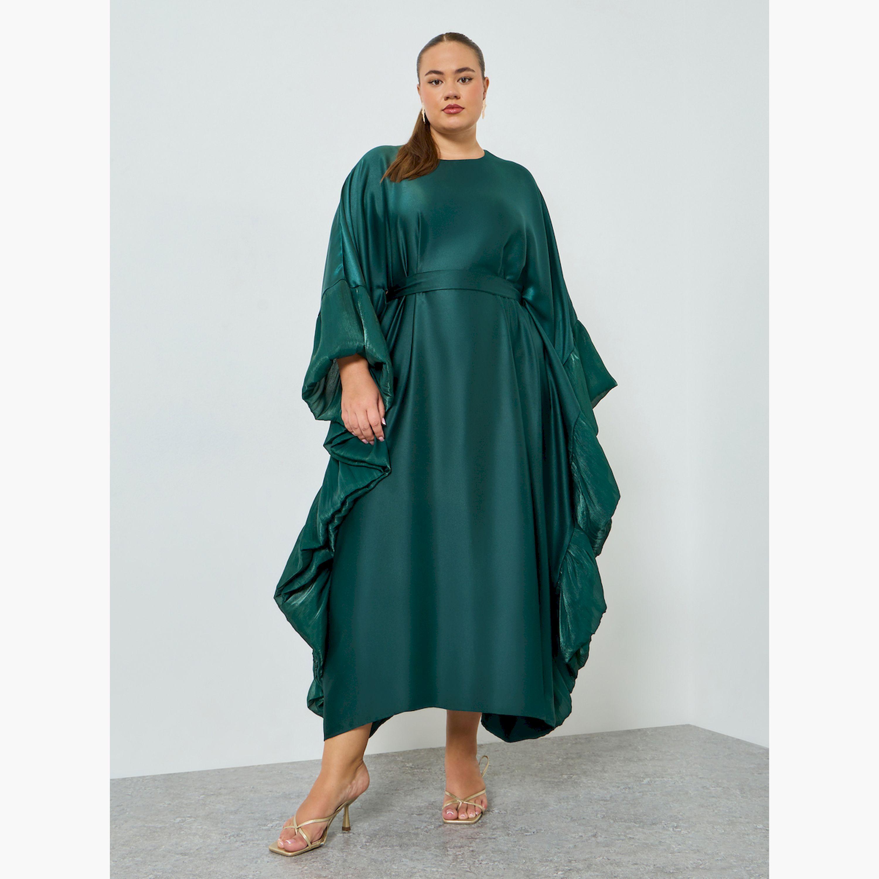 Styli Plus Size Green Ruffled Sleeve Kaftan Maxi Dress-women-clothing-dresses-image-1