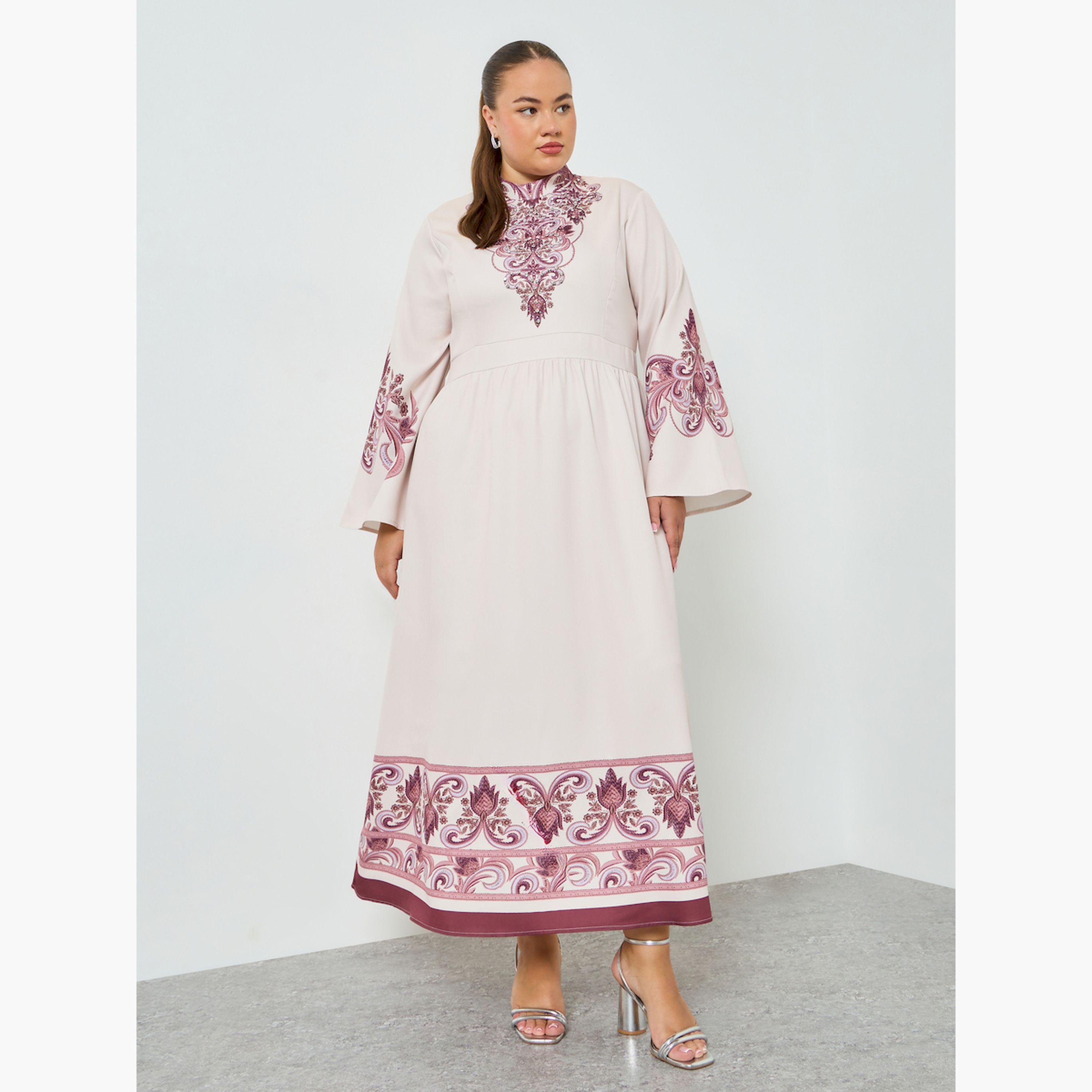 فستان طويل مقاس كبير بنقشة زهور وحافة واسعة-women-clothing-dresses-image-1