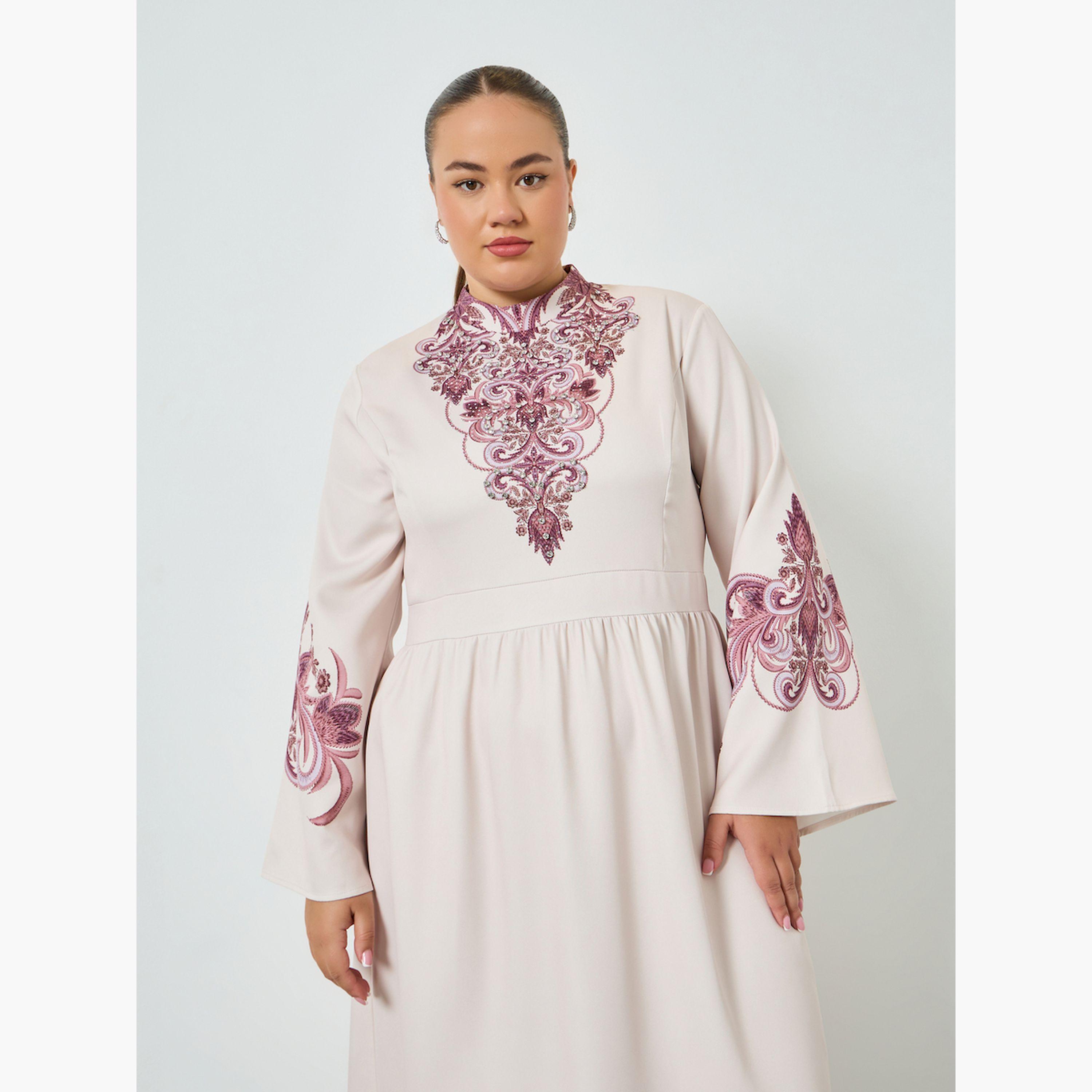 فستان طويل مقاس كبير بنقشة زهور وحافة واسعة-women-clothing-dresses-image-2