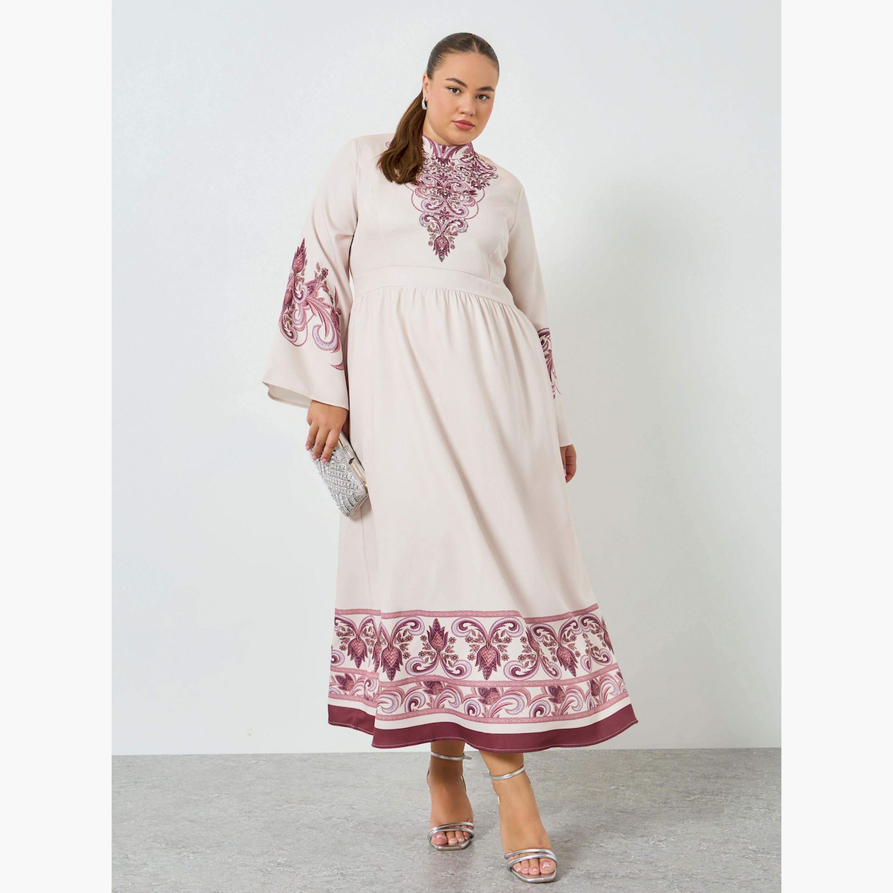 فستان طويل مقاس كبير بنقشة زهور وحافة واسعة-women-clothing-dresses-image-3