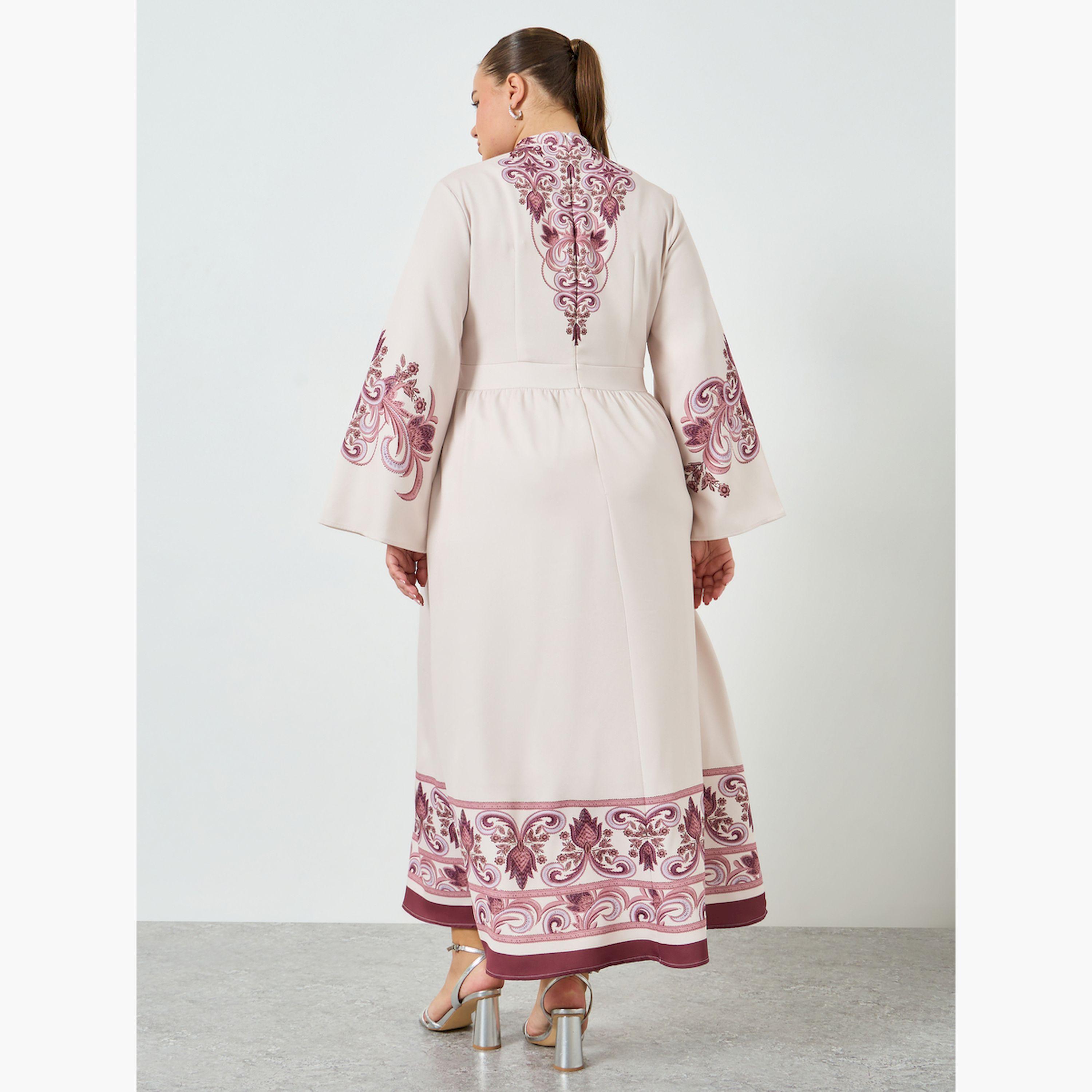 Styli Plus Size Beige Floral Long Sleeves A-Line Maxi Dress-women-clothing-dresses-image-4