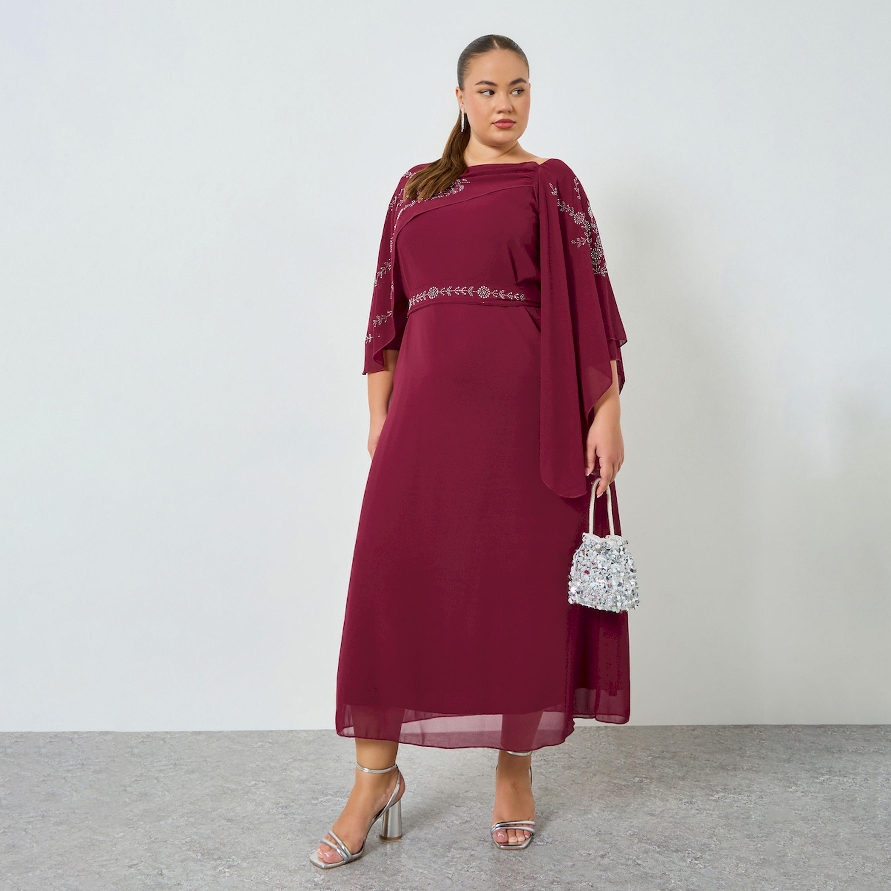 فستان طويل مقاس كبير مزين بأكمام كيب-women-clothing-dresses-image-1
