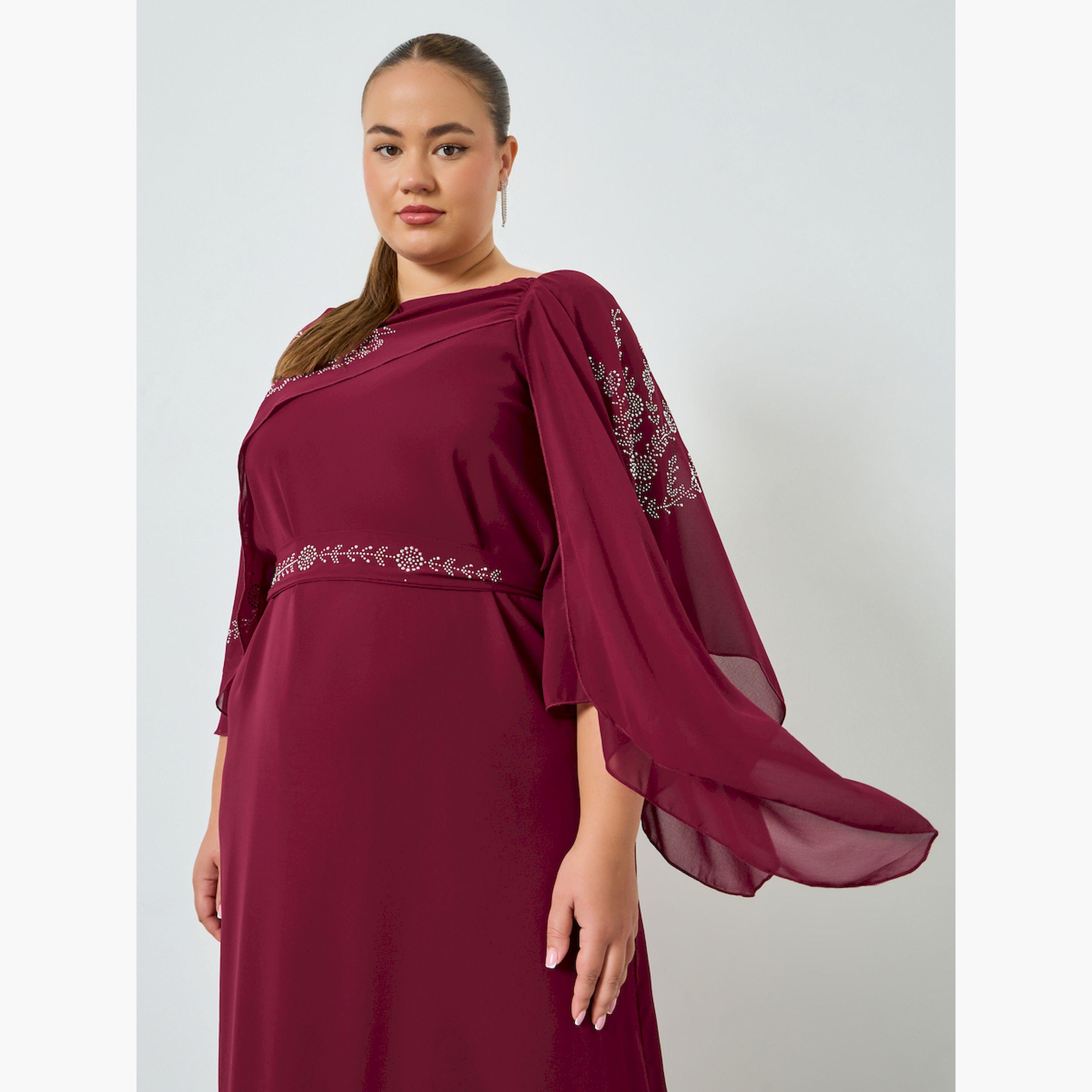 فستان طويل مقاس كبير مزين بأكمام كيب-women-clothing-dresses-image-2