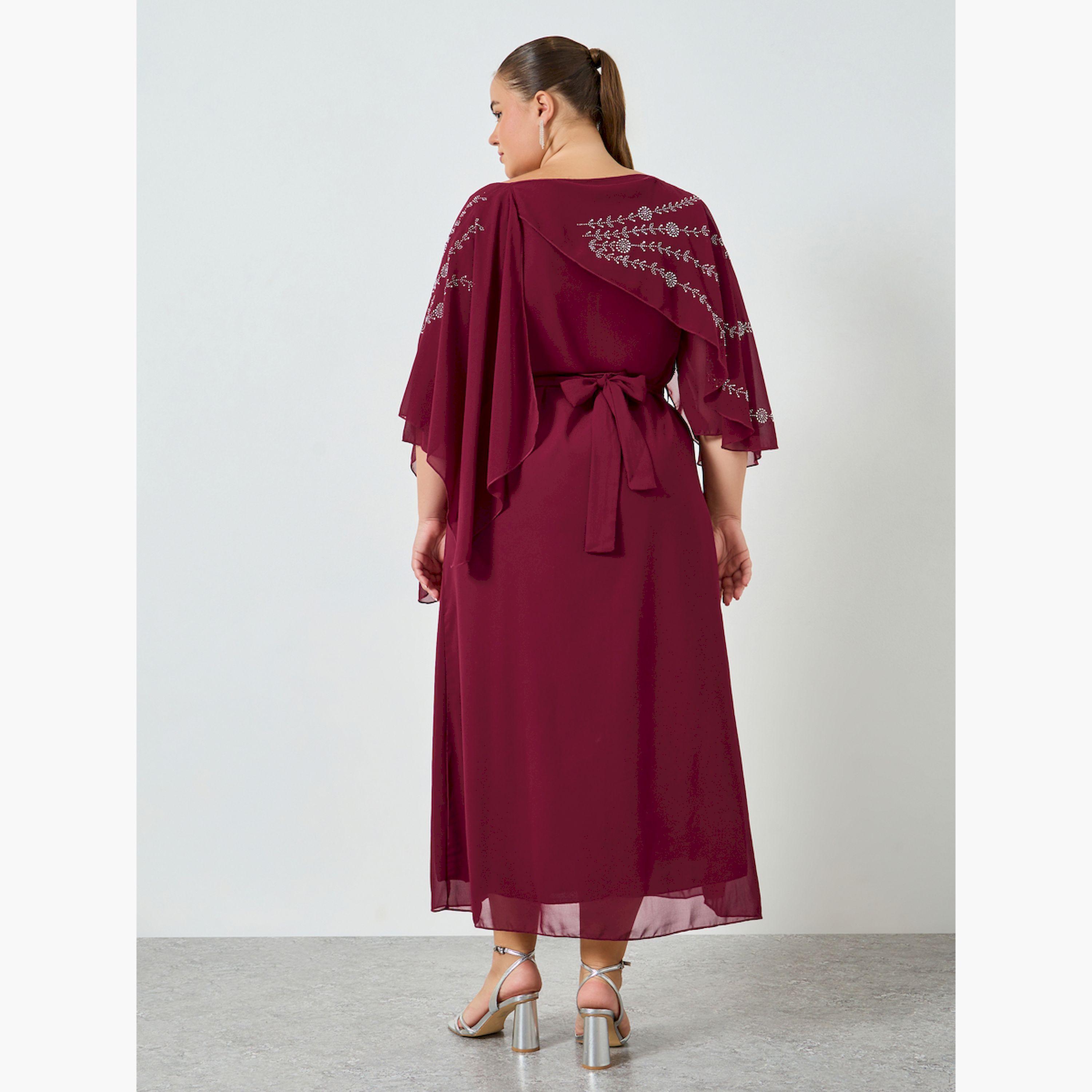 فستان طويل مقاس كبير مزين بأكمام كيب-women-clothing-dresses-image-3