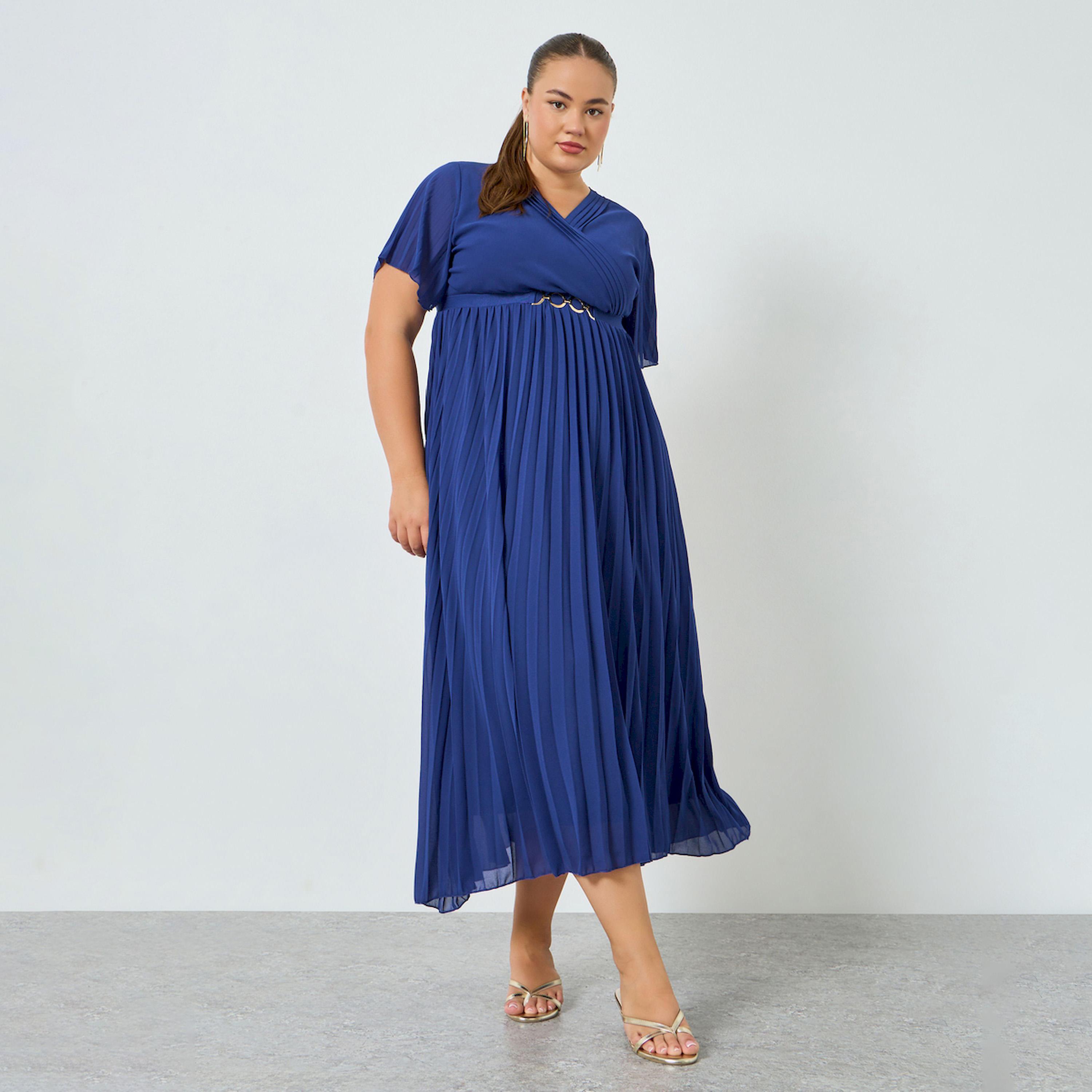فستان ميدي مقاس كبير بأكمام قصيرة وحافة واسعة-women-clothing-dresses-image-1