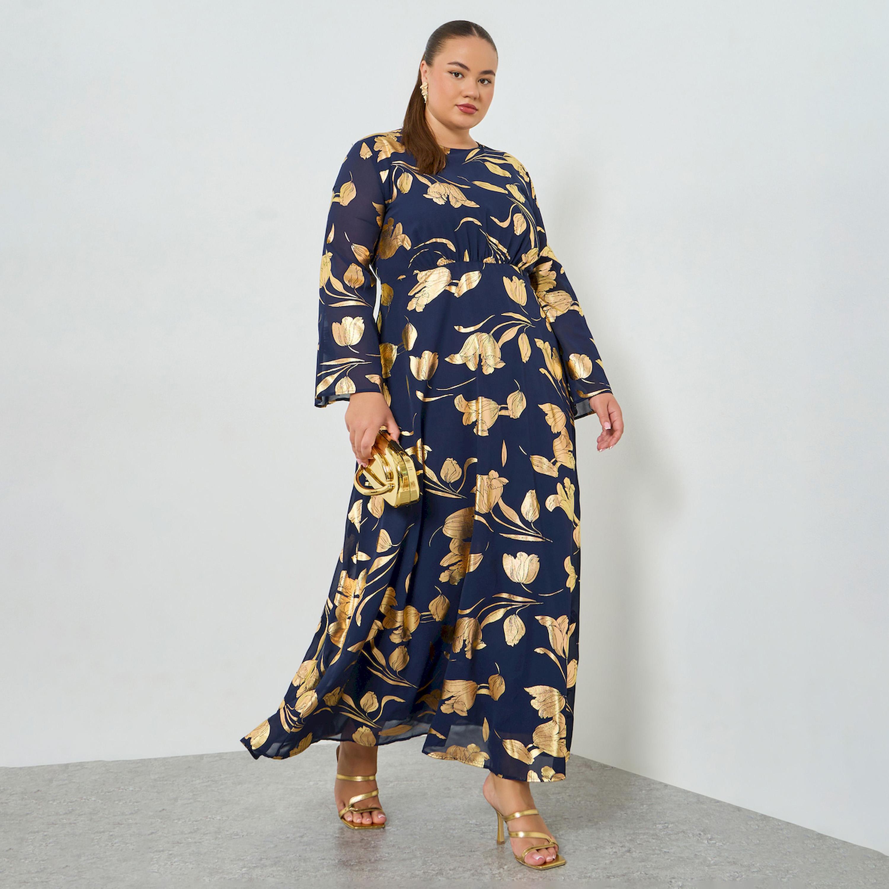تنورة طويلة مقاس كبير بنقشة زهور وحافة واسعة-women-clothing-dresses-image-1