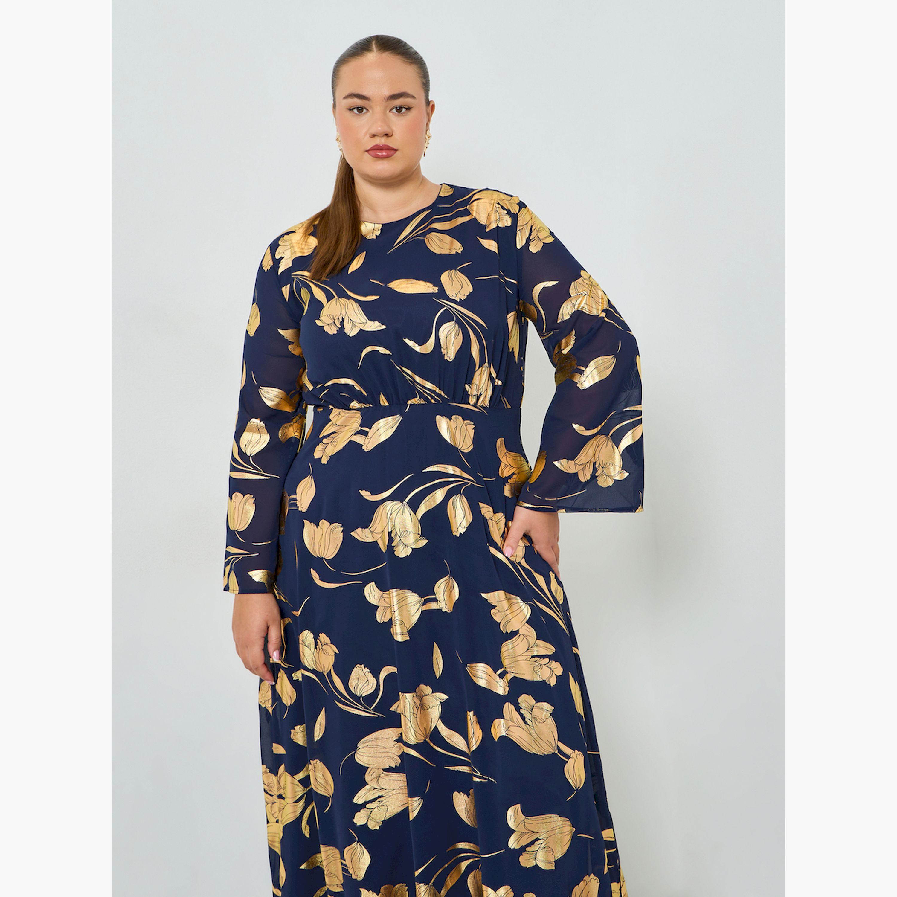 تنورة طويلة مقاس كبير بنقشة زهور وحافة واسعة-women-clothing-dresses-image-2