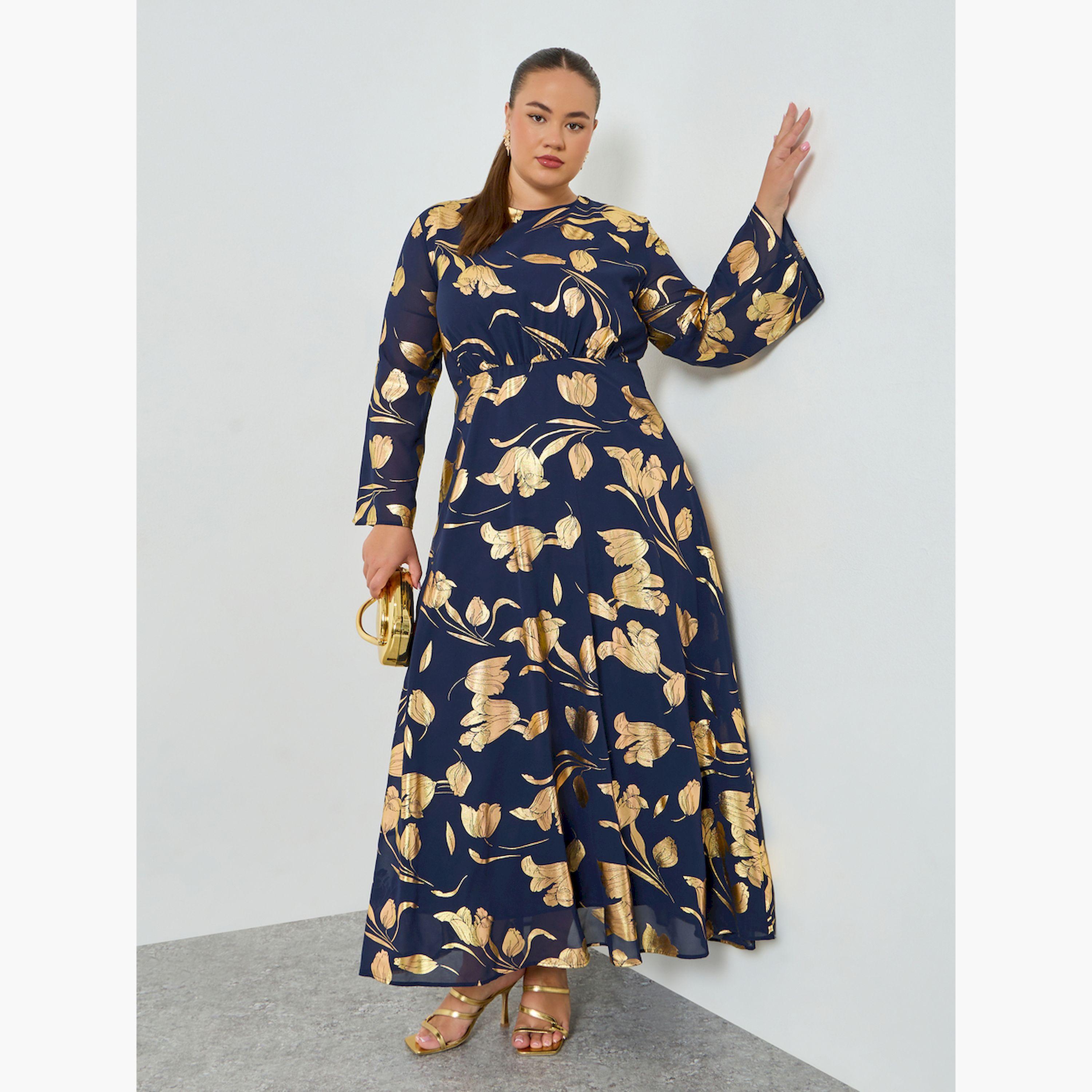تنورة طويلة مقاس كبير بنقشة زهور وحافة واسعة-women-clothing-dresses-image-3