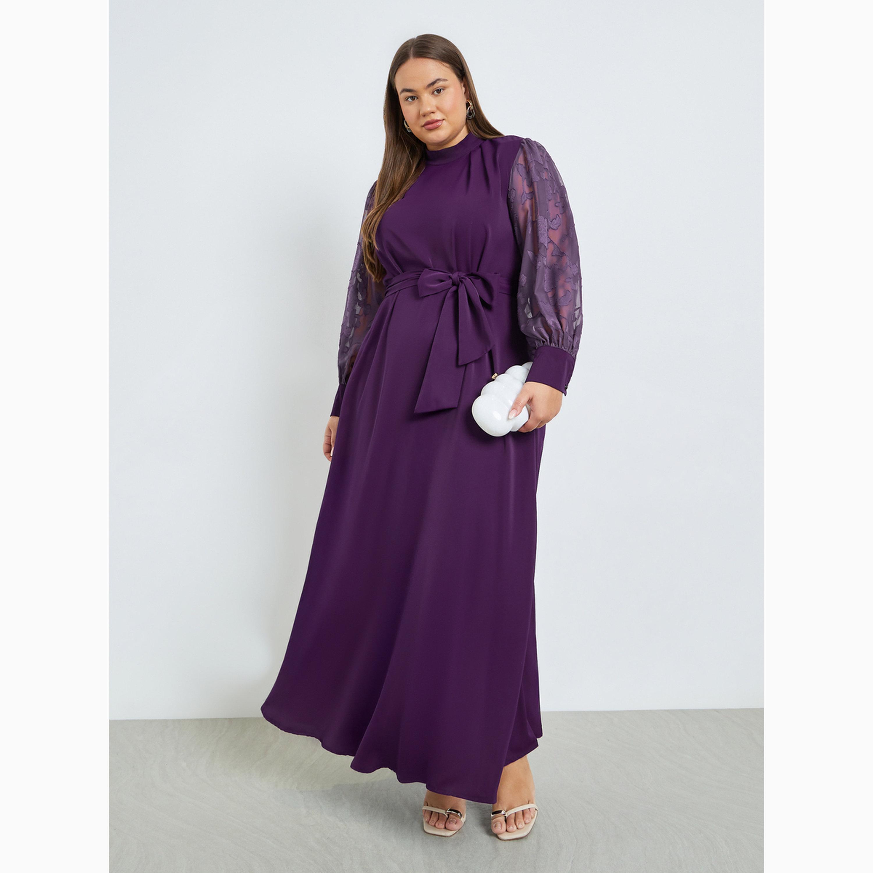 Styli Plus Size Jacquard Sleeve Maxi Dress with Tie Belt-women-clothing-dresses-image-1
