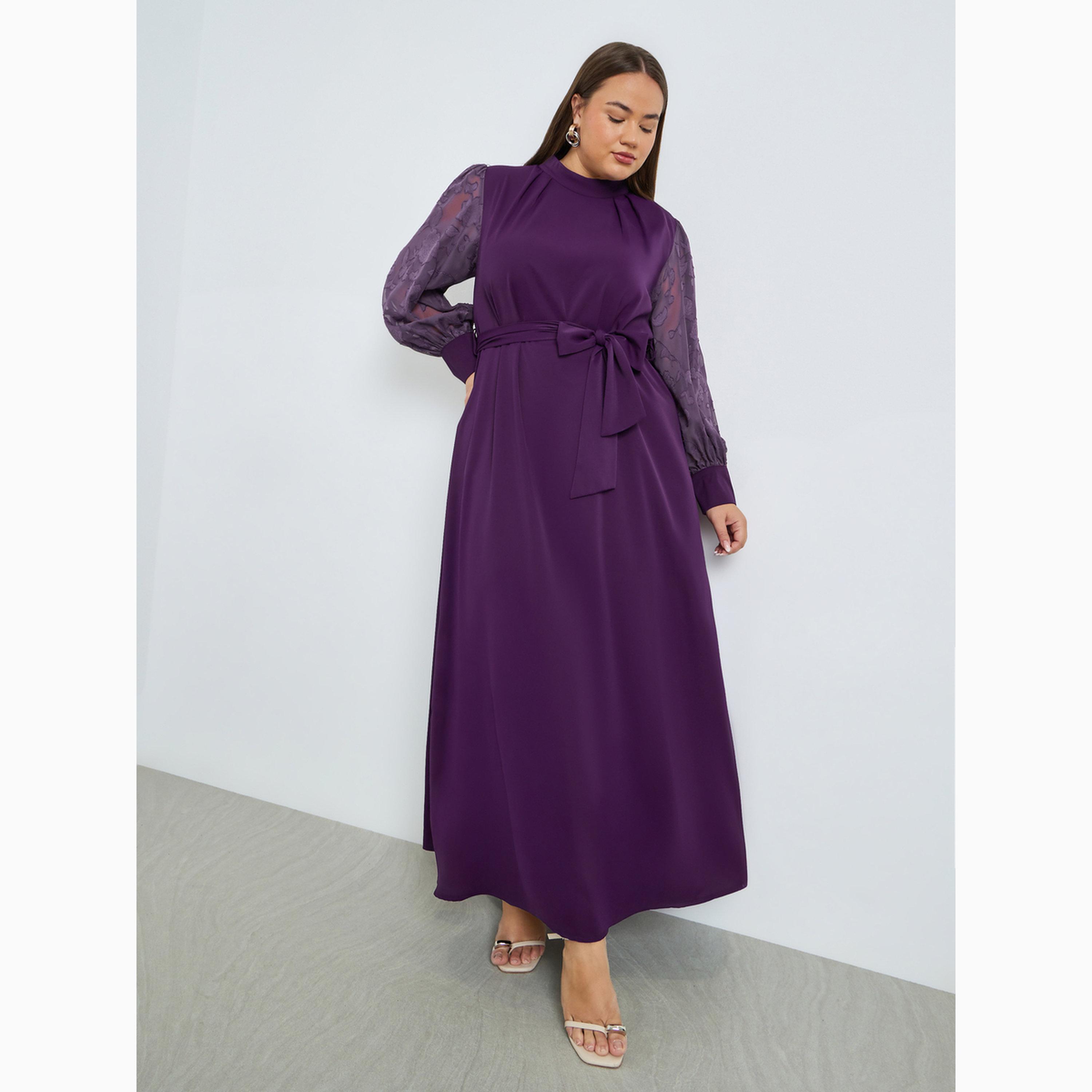 Styli Plus Size Jacquard Sleeve Maxi Dress with Tie Belt-women-clothing-dresses-image-3