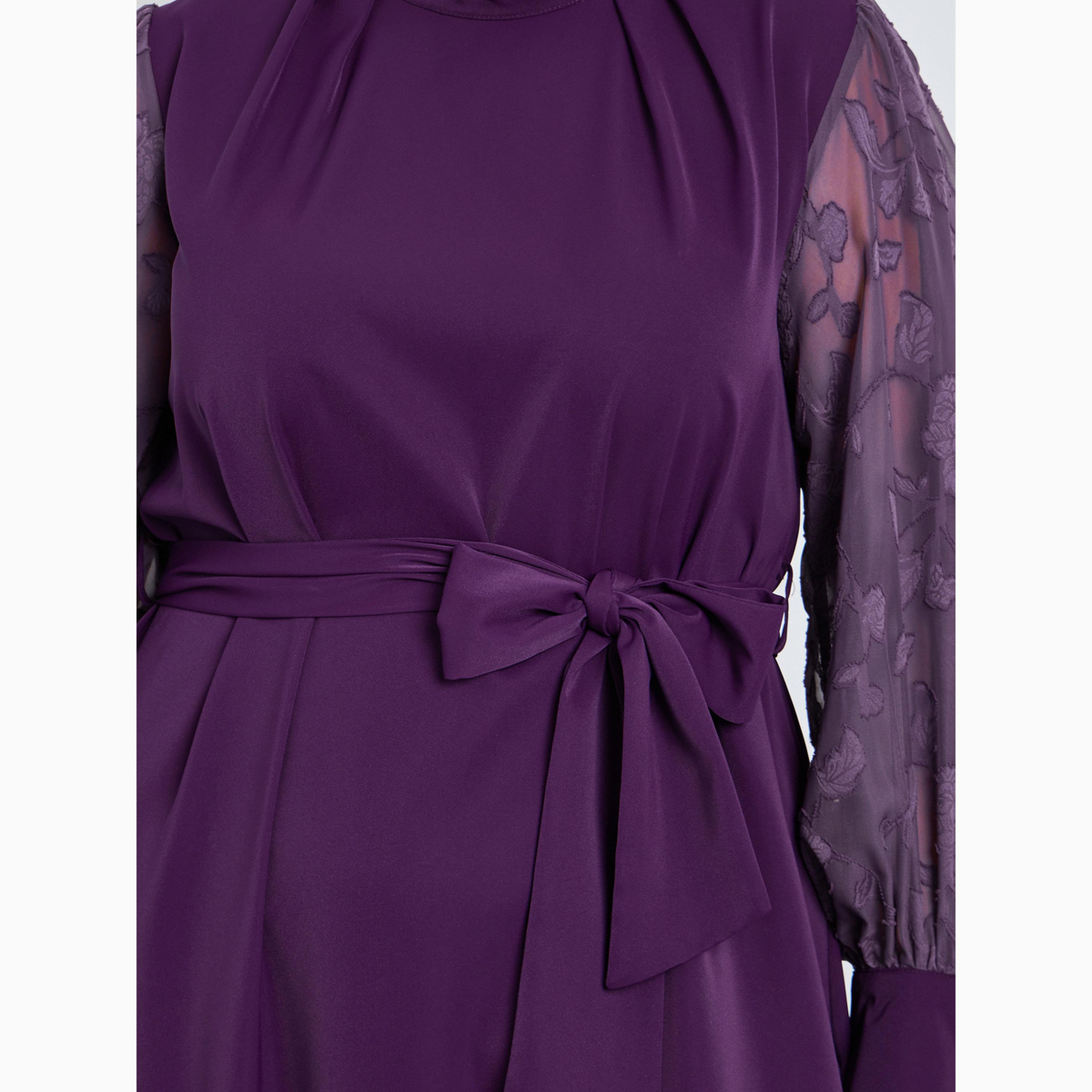 Styli Plus Size Jacquard Sleeve Maxi Dress with Tie Belt-women-clothing-dresses-image-4