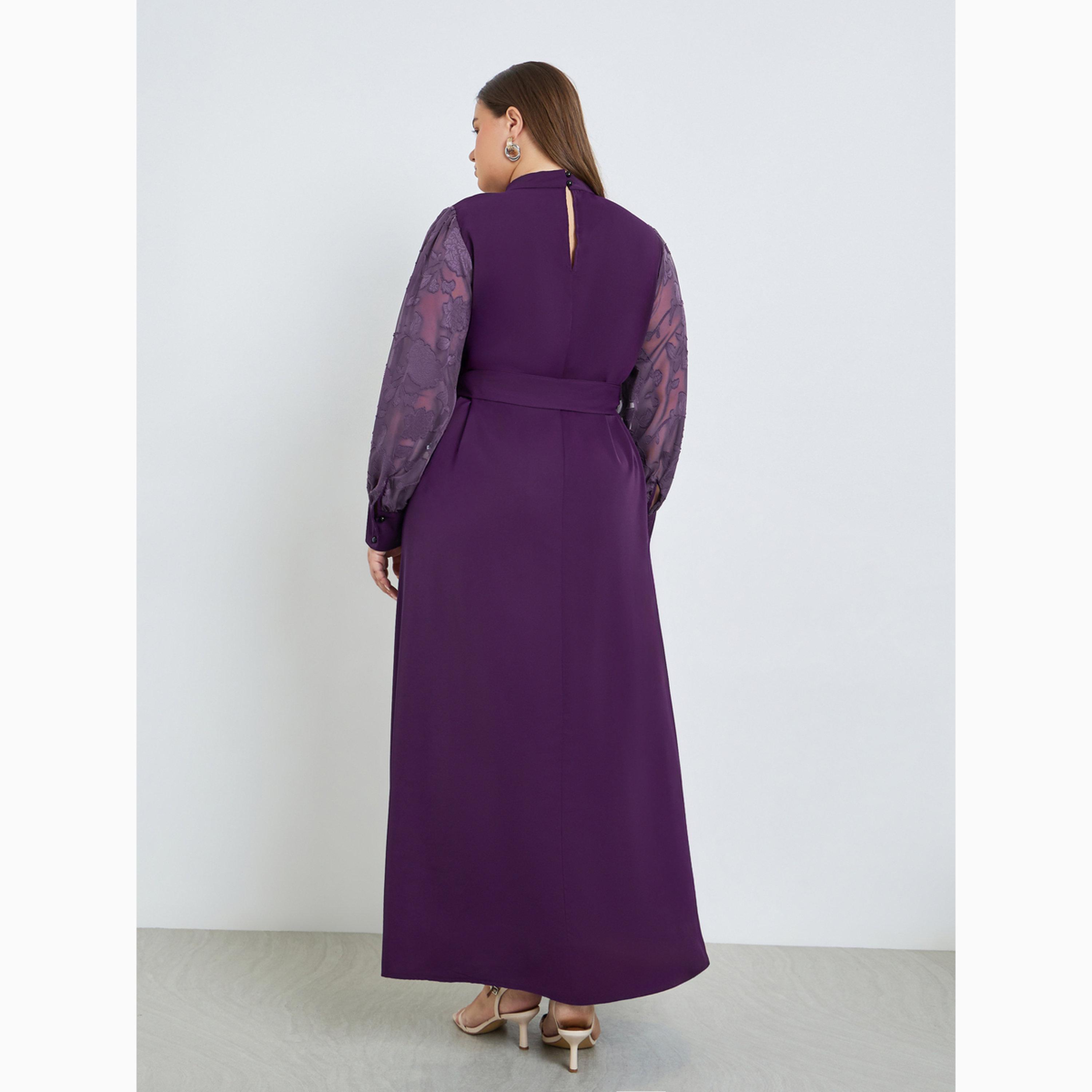 Styli Plus Size Jacquard Sleeve Maxi Dress with Tie Belt-women-clothing-dresses-image-5