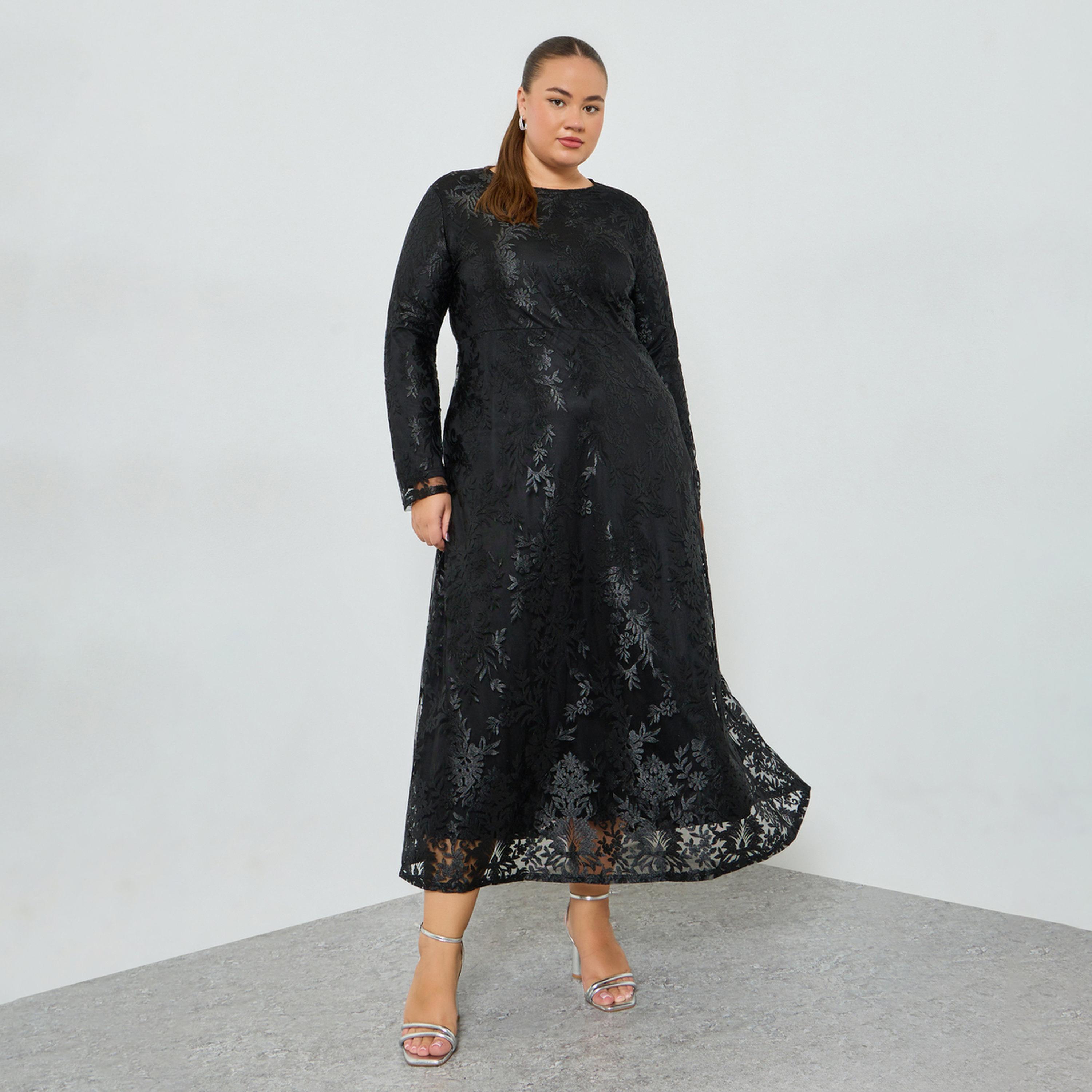 فستان ماكسي دانتيل بحافة واسعة وأكمام طويلة بمقاس كبير-women-clothing-dresses-image-1