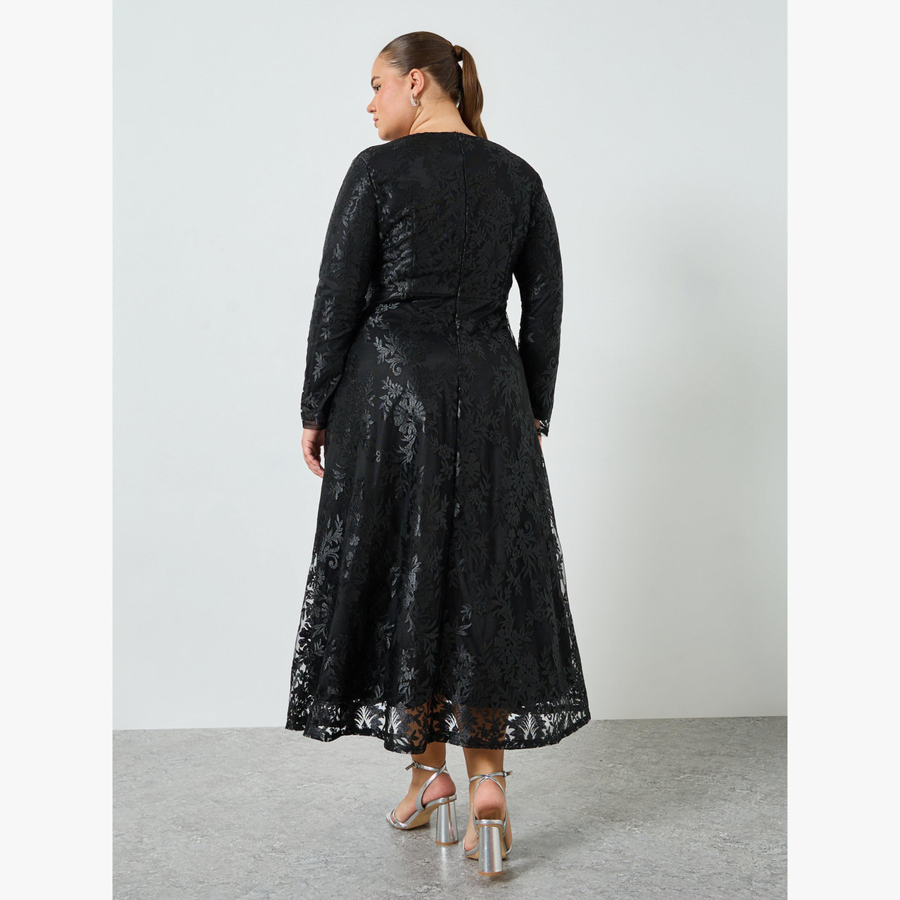 فستان ماكسي دانتيل بحافة واسعة وأكمام طويلة بمقاس كبير-women-clothing-dresses-image-4