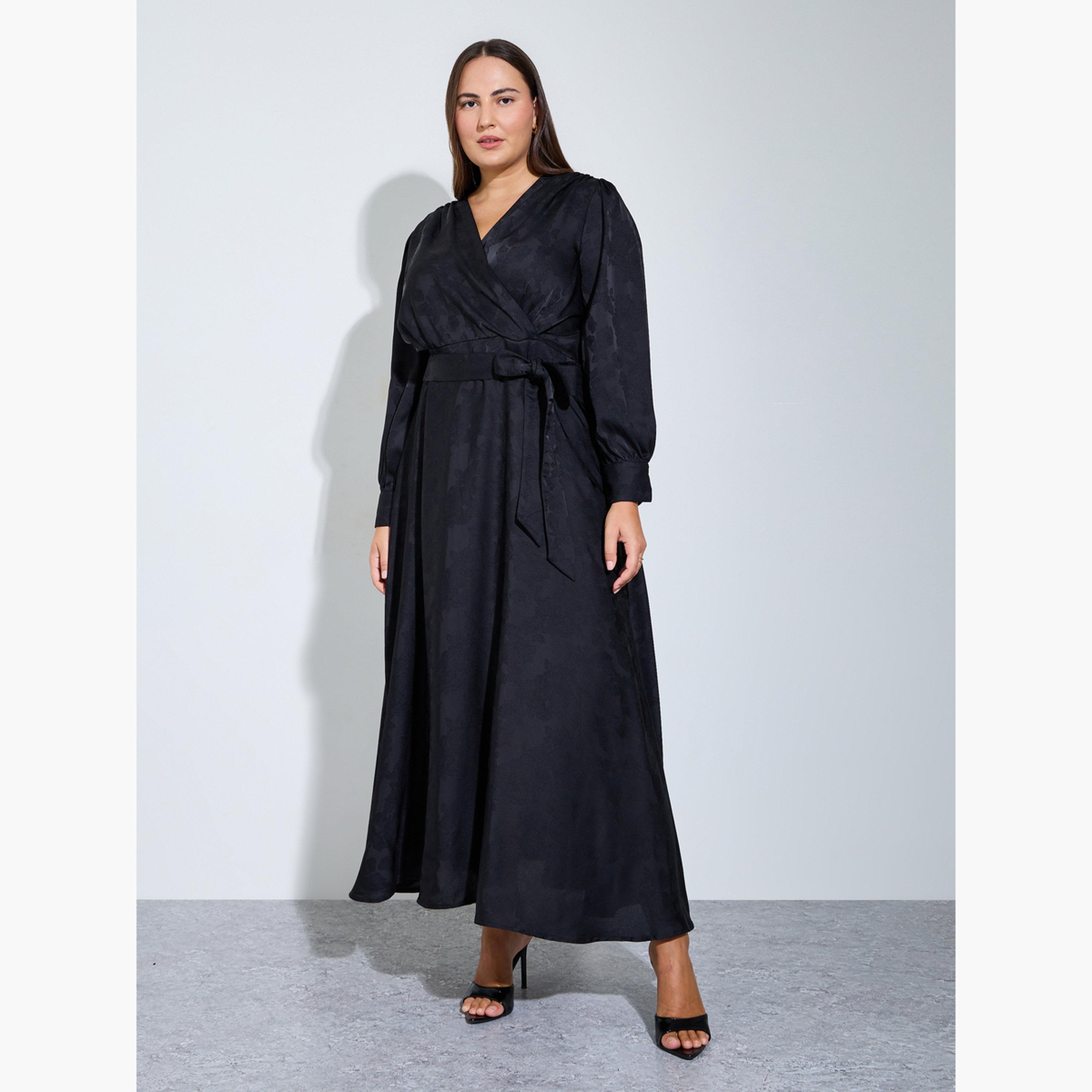 Styli Plus Size Black Long Sleeves Wrap Maxi Dress-women-clothing-dresses-image-1