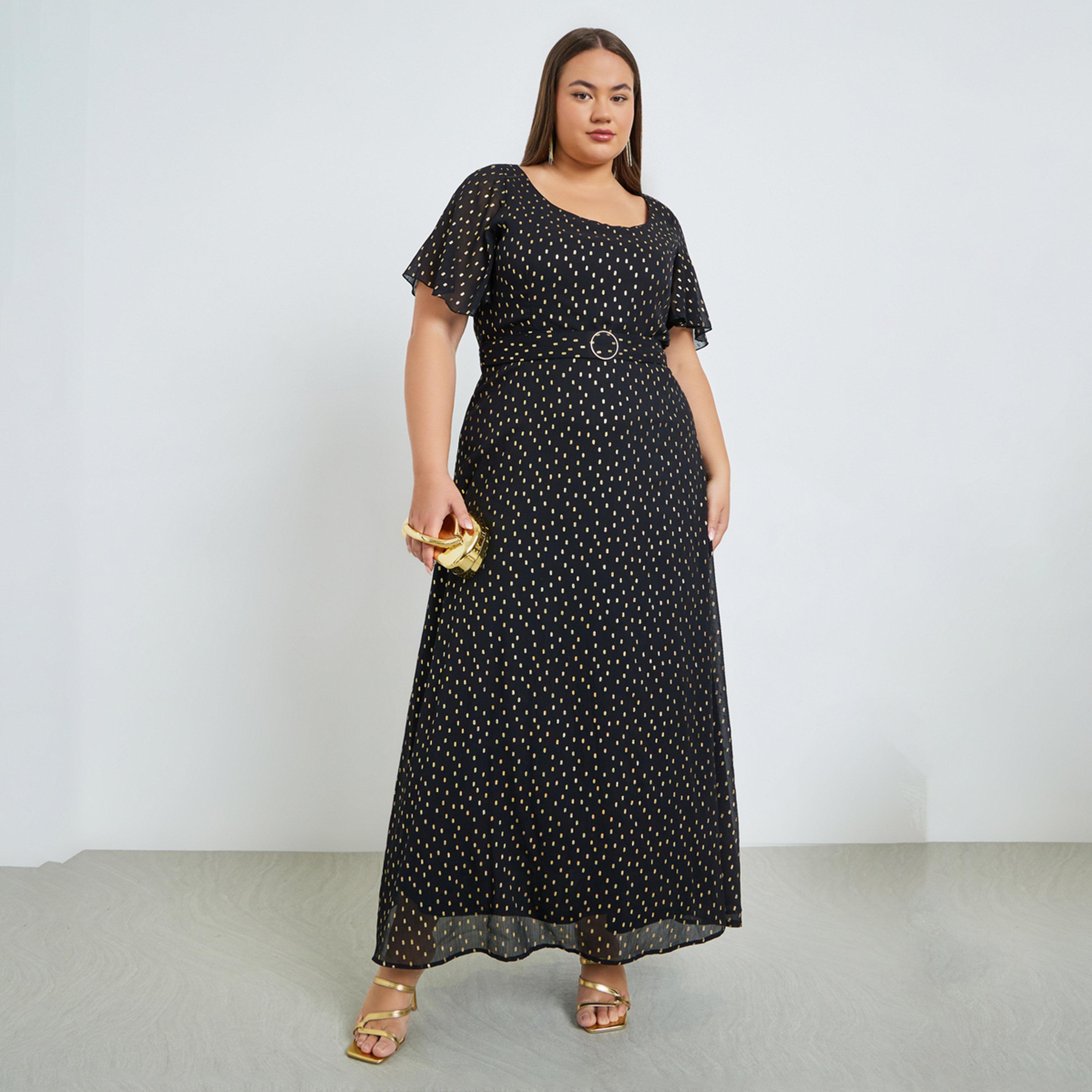 Styli Plus Size Foil Print Maxi Dress with Belt-women-clothing-dresses-image-1