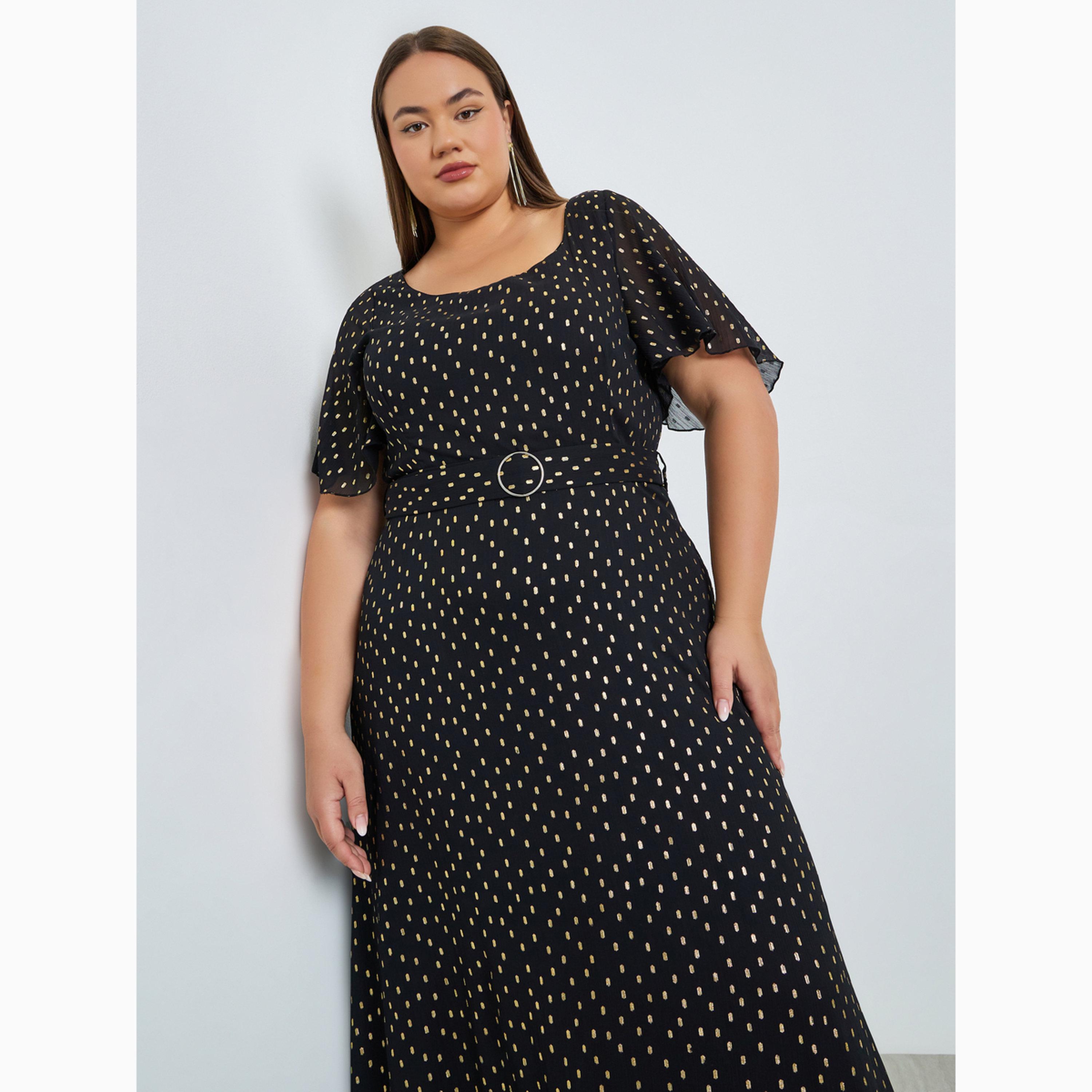 فستان طويل مقاس كبير بطبعة فويل وحزام-women-clothing-dresses-image-2