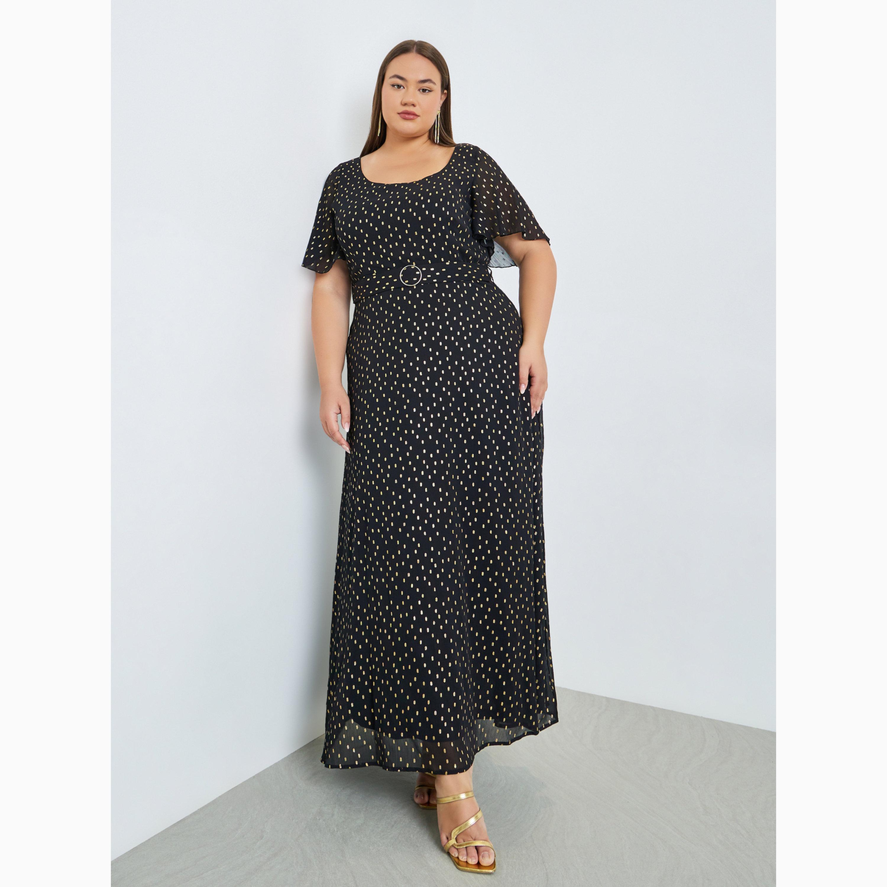 فستان طويل مقاس كبير بطبعة فويل وحزام-women-clothing-dresses-image-3