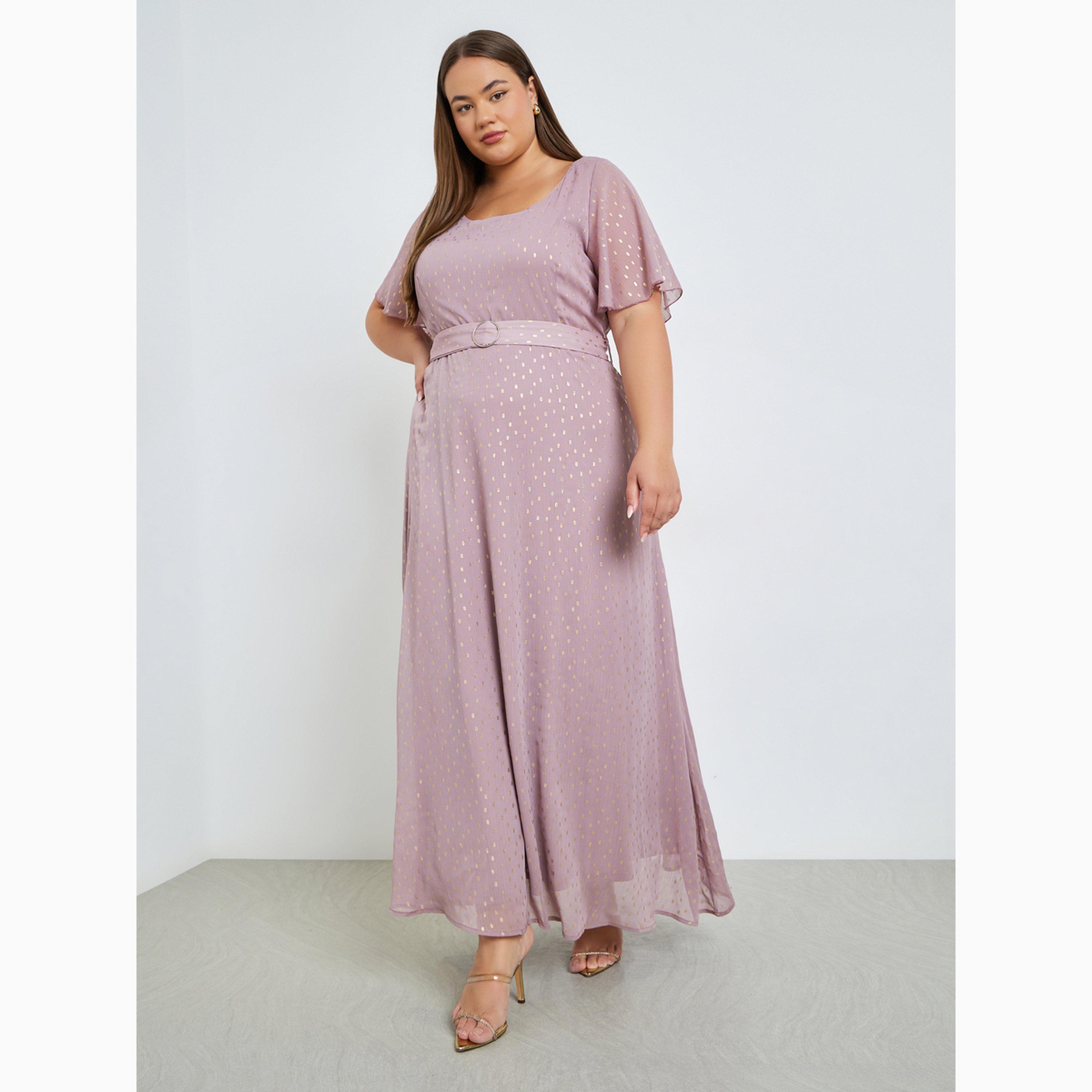 فستان طويل مقاس كبير بطبعة فويل وحزام-women-clothing-dresses-image-1