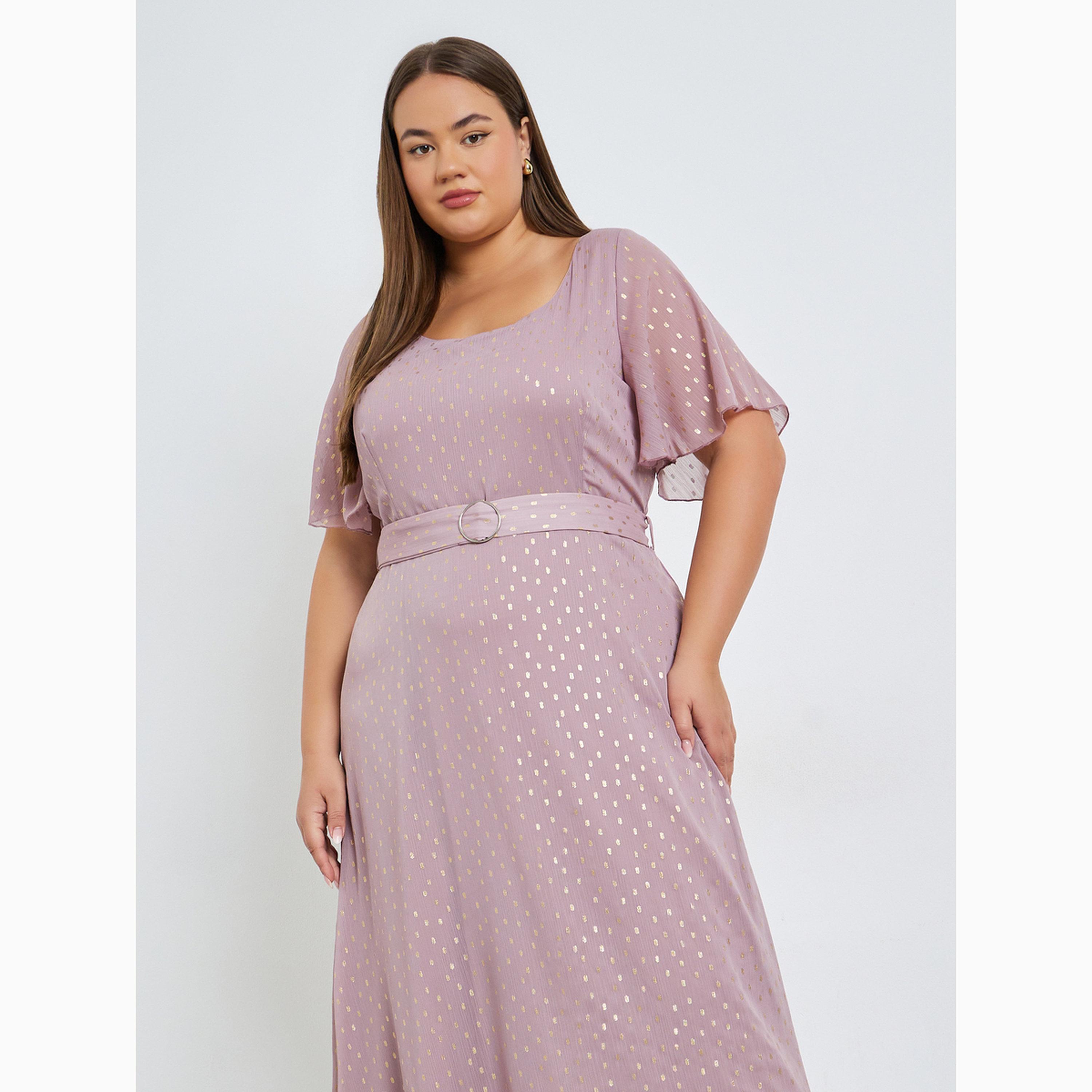 Styli Plus Size Foil Print Maxi Dress with Belt-women-clothing-dresses-image-2