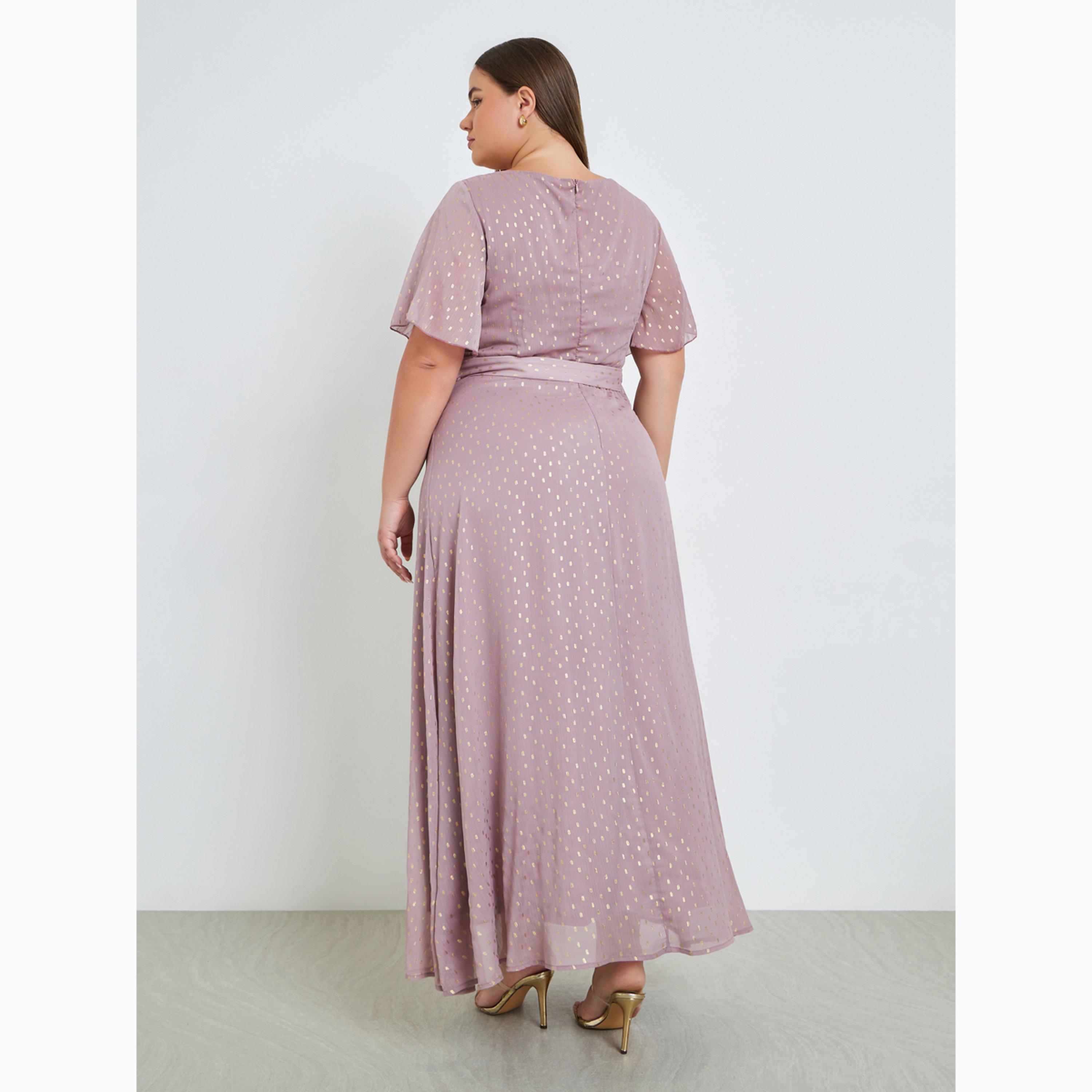 فستان طويل مقاس كبير بطبعة فويل وحزام-women-clothing-dresses-image-4