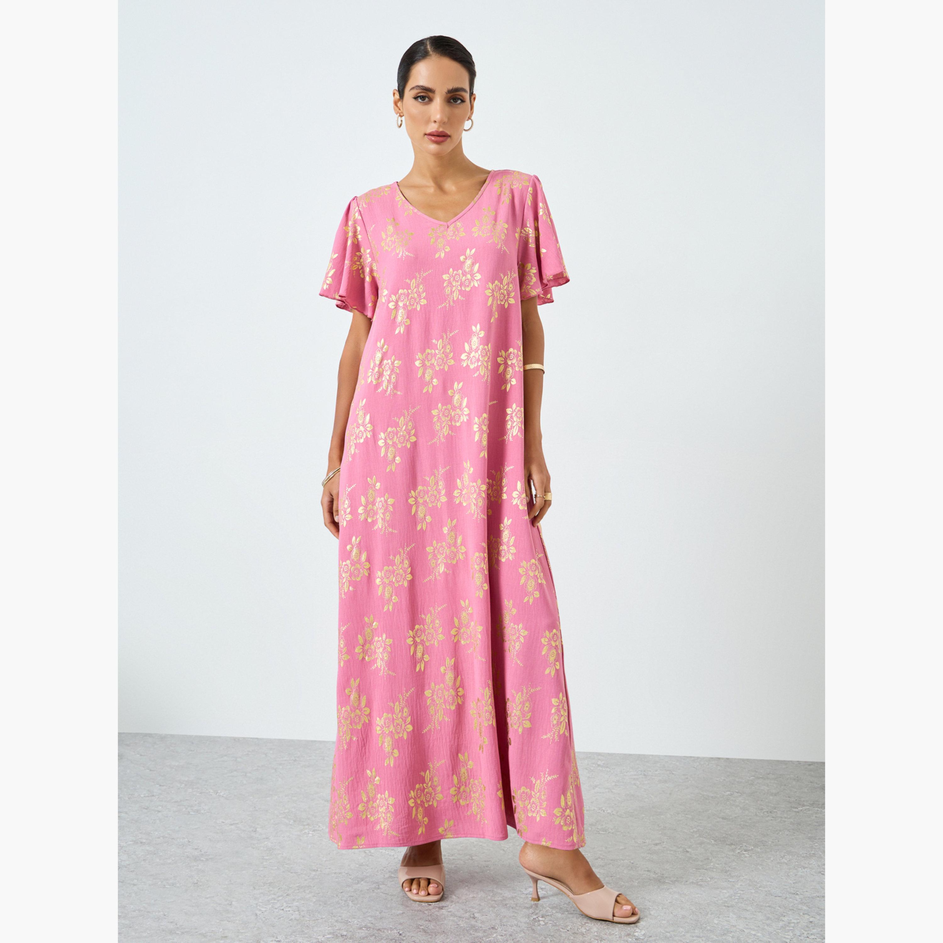 جلابية بطبعة زهور وأكمام قصيرة-women-arabicclothing-jalabiyas-image-1