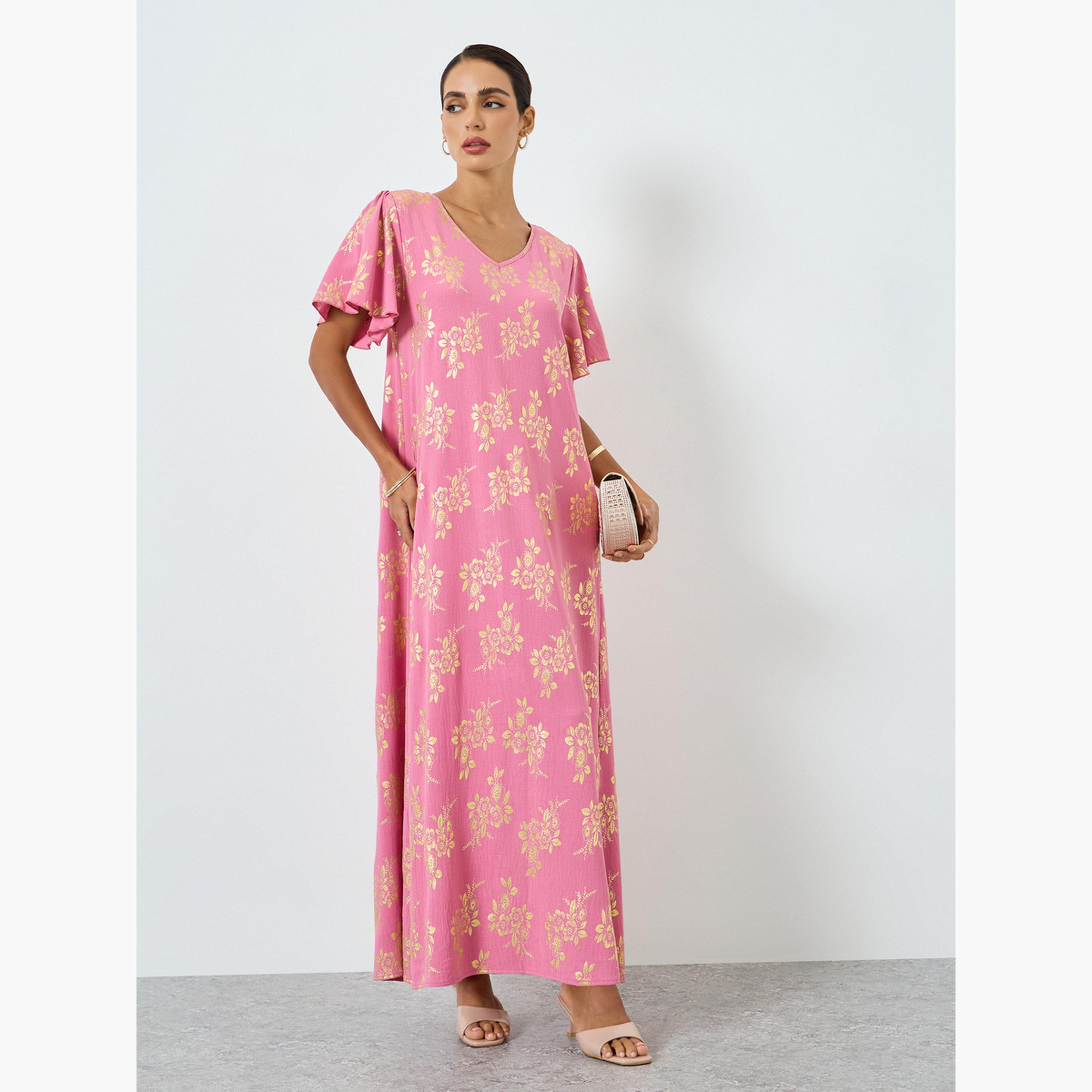 جلابية بطبعة زهور وأكمام قصيرة-women-arabicclothing-jalabiyas-image-3