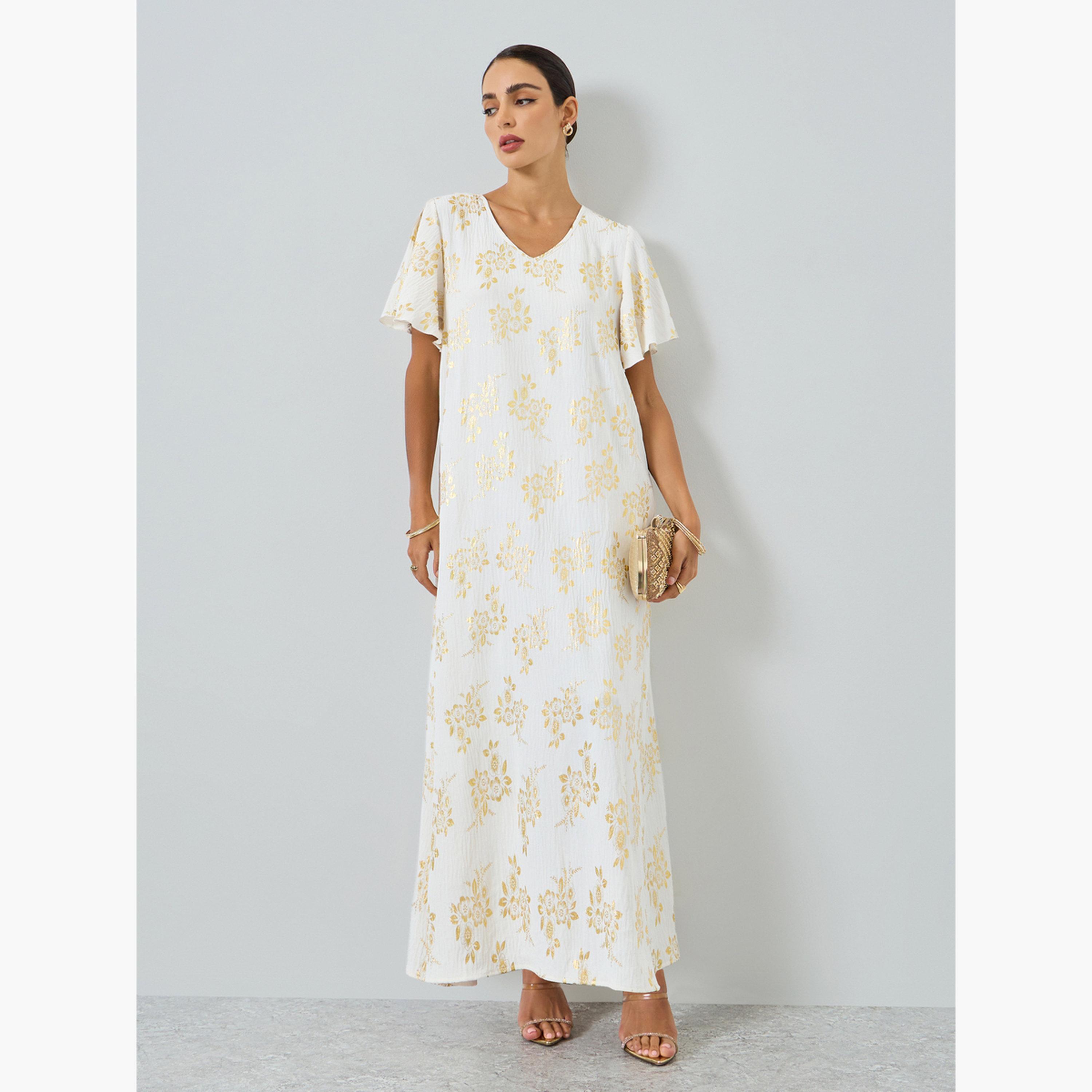 جلابية بطبعة زهور وأكمام قصيرة-women-arabicclothing-jalabiyas-image-1