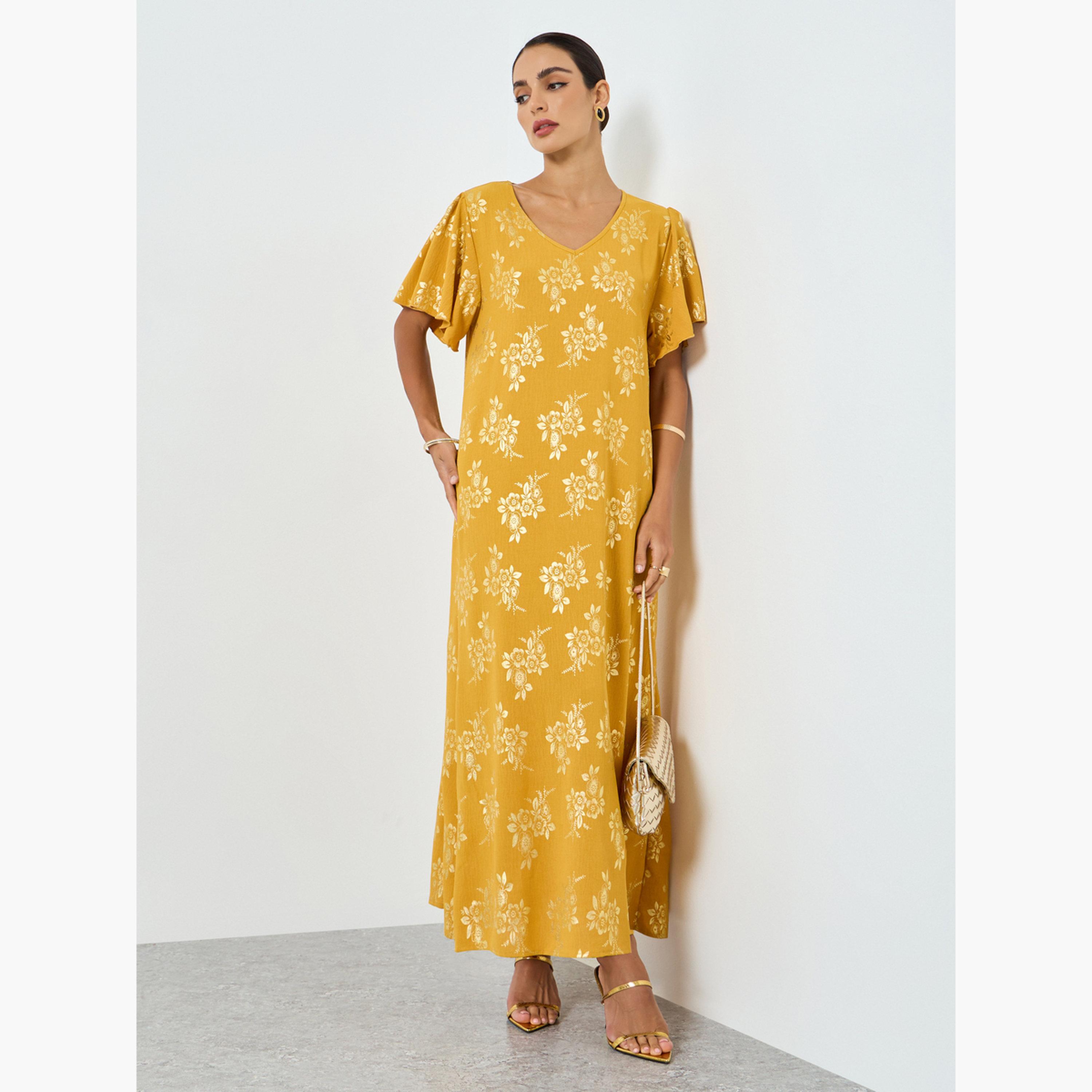 Take Two Women Floral Printed Short Sleeve Jalabiya-women-arabicclothing-jalabiyas-image-1